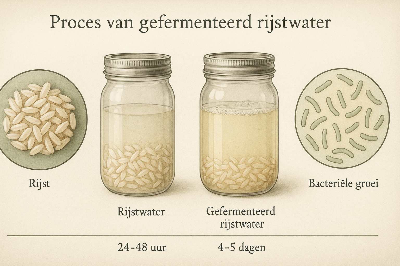 Hoe Maak Je Rijstwater Voor Je Haar? De Ultieme Gids voor Natuurlijke Haarverzorging 4 Detailed step-by-step visual guide demonstrating gefermenteerd rijstwater productieproces, featuring close-up macro photography of rice grai