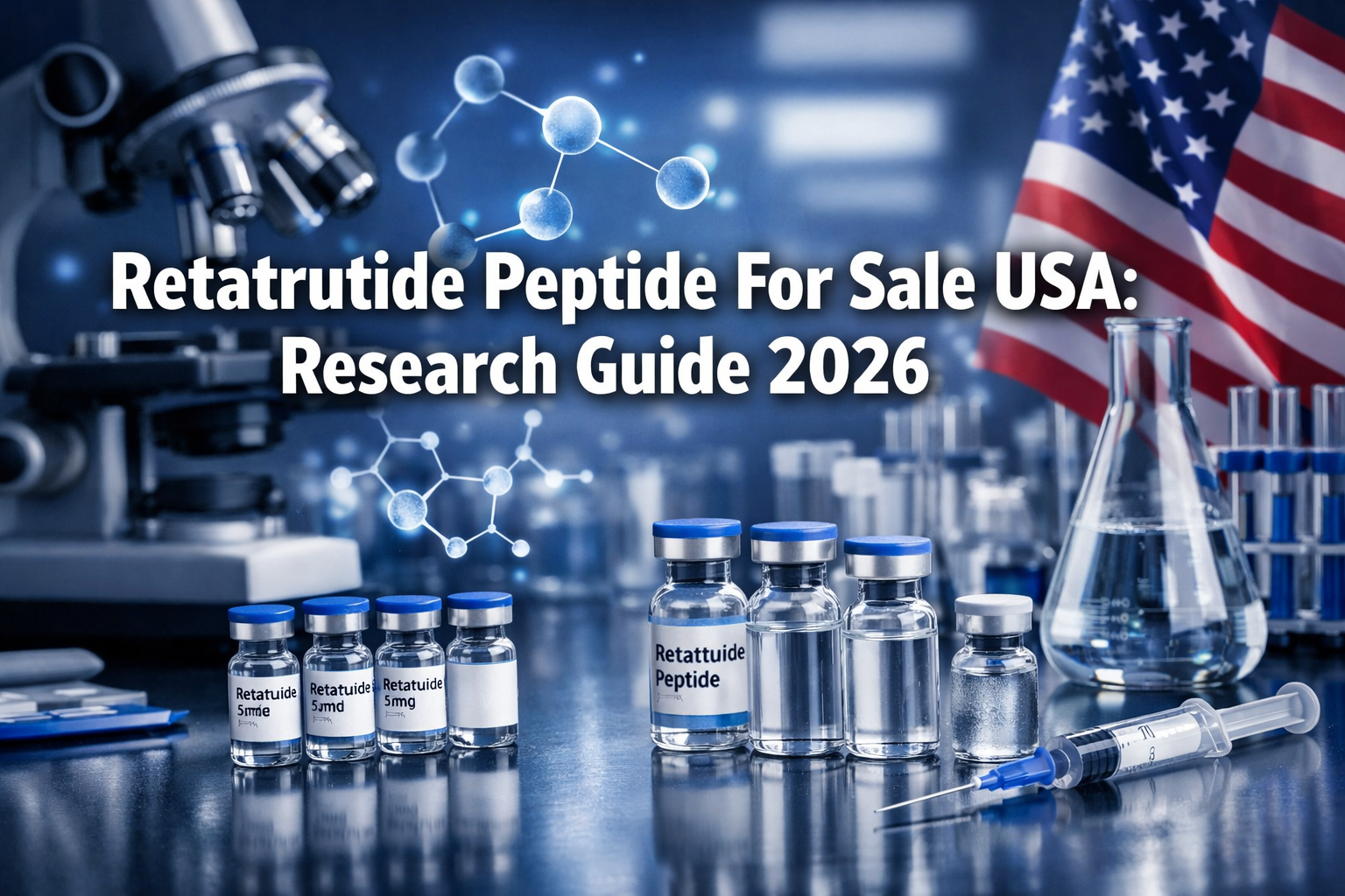 Professional landscape format (1536x1024) hero image with bold text overlay 'Retatrutide Peptide For Sale USA: Research Guide 2026' in extra