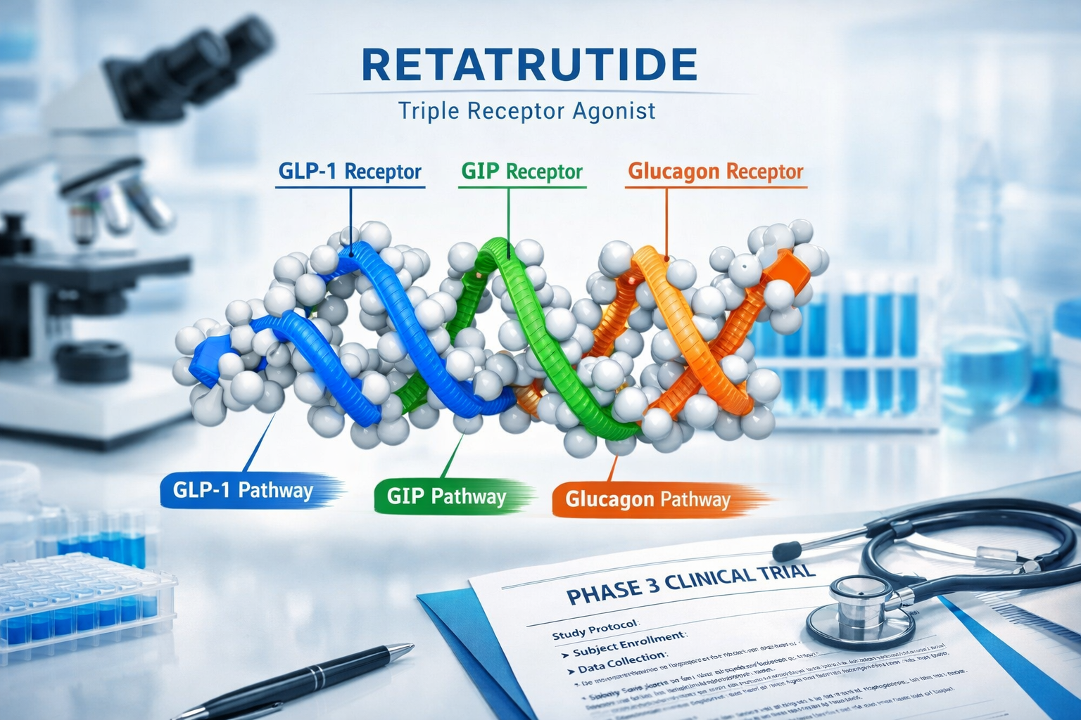 Detailed landscape format (1536x1024) image showing retatrutide molecular structure diagram with triple receptor agonist pathways highlighte