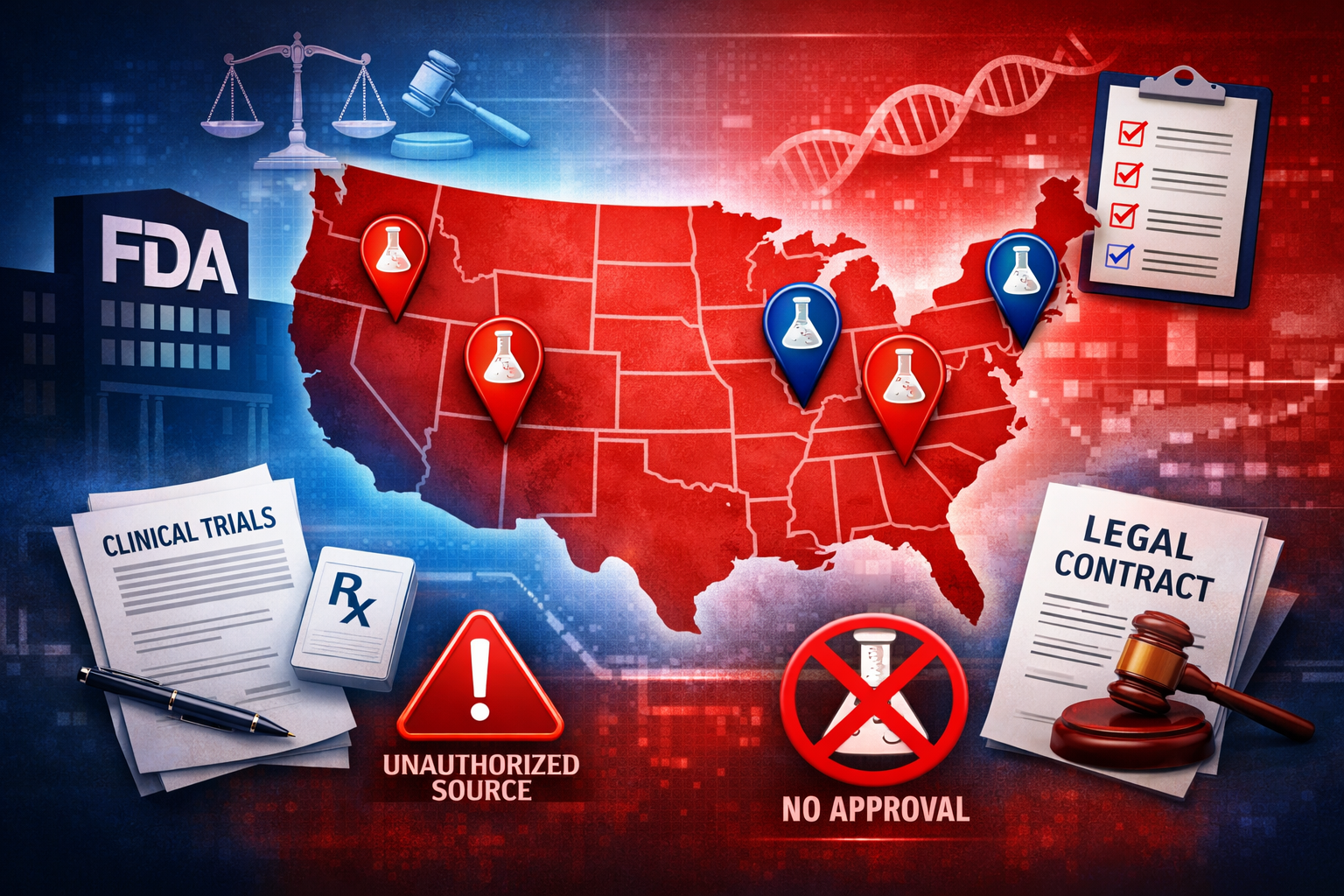 Professional landscape format (1536x1024) image depicting USA map with regulatory symbols, FDA building silhouette, clinical trial locations