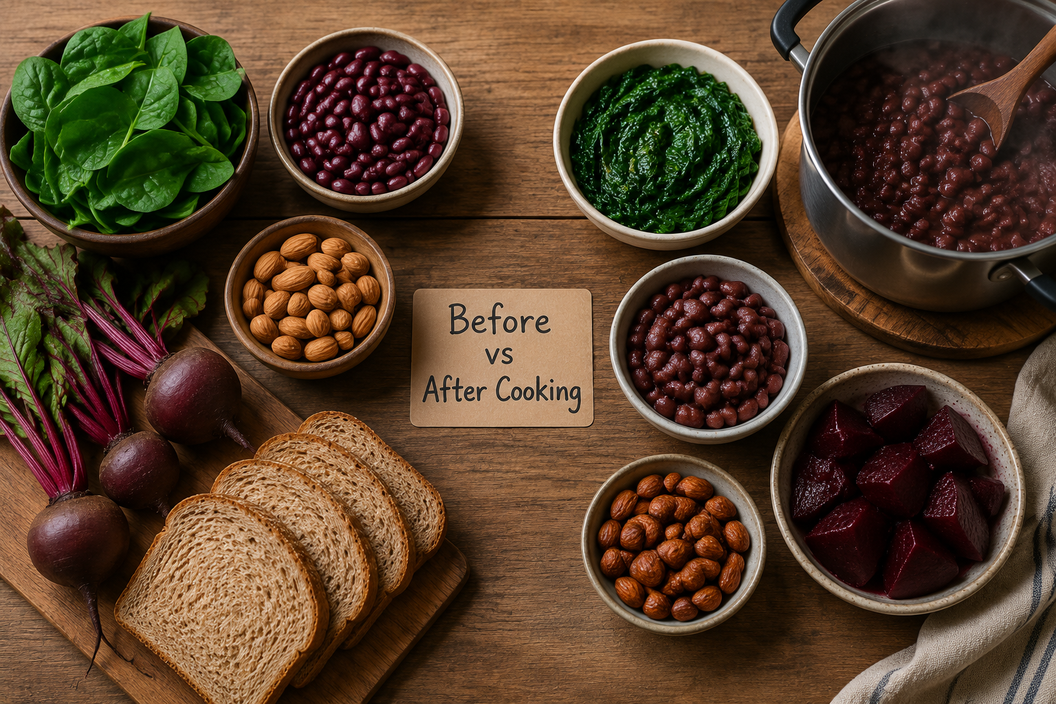 Overhead flat-lay landscape photograph () of a wooden kitchen preparation surface showing high-oxalate and high-lectin foods