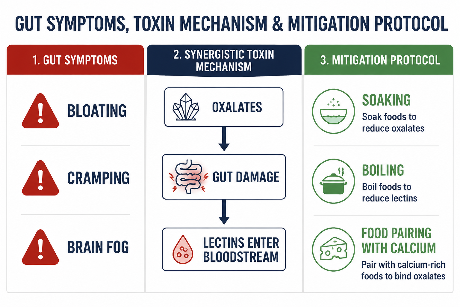 Clean editorial landscape infographic () showing a simple three-column symptom and mitigation protocol chart. Left column
