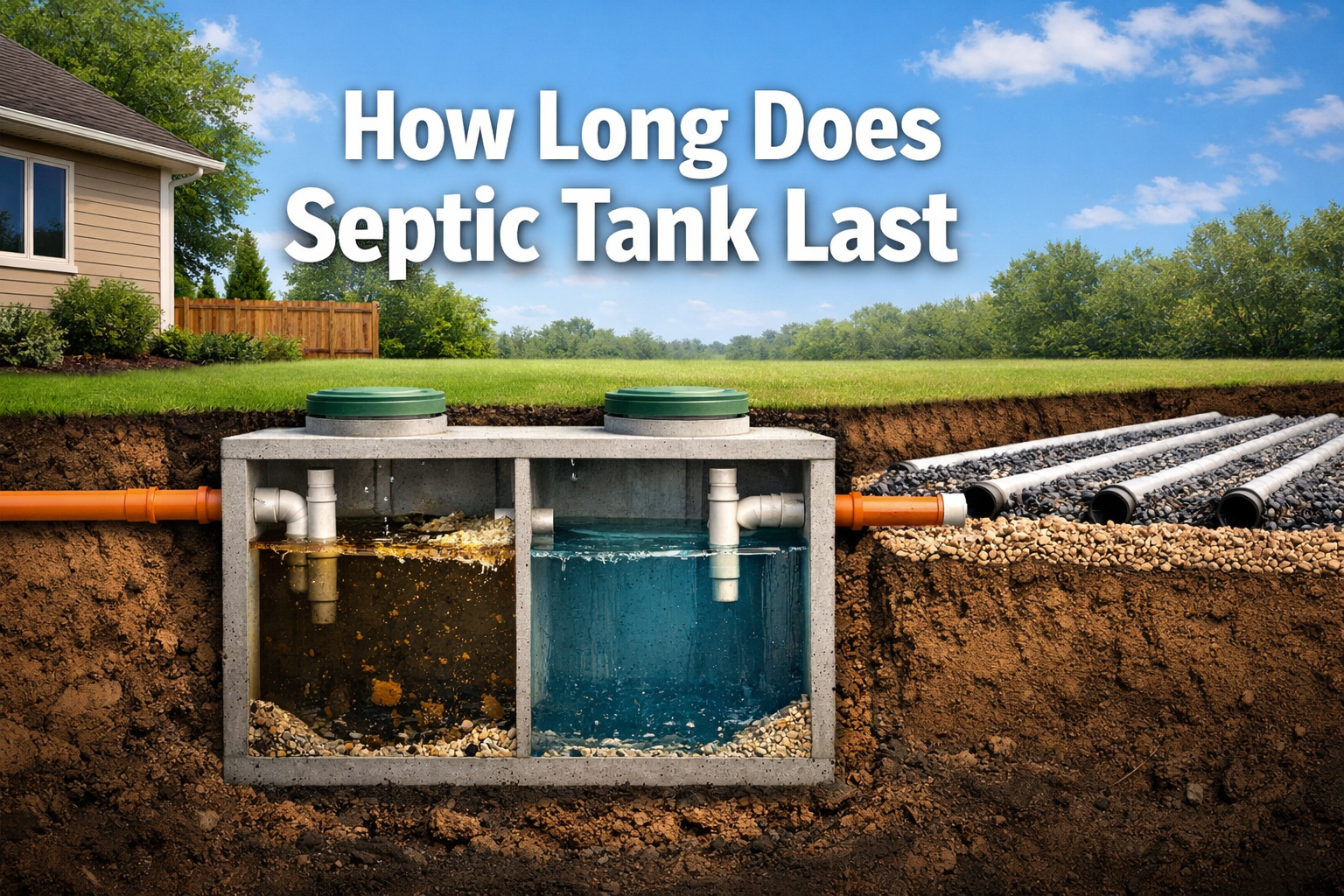Professional landscape format (1536x1024) hero image with bold text overlay 'How Long Does Septic Tank Last' in extra large 72pt white sans-