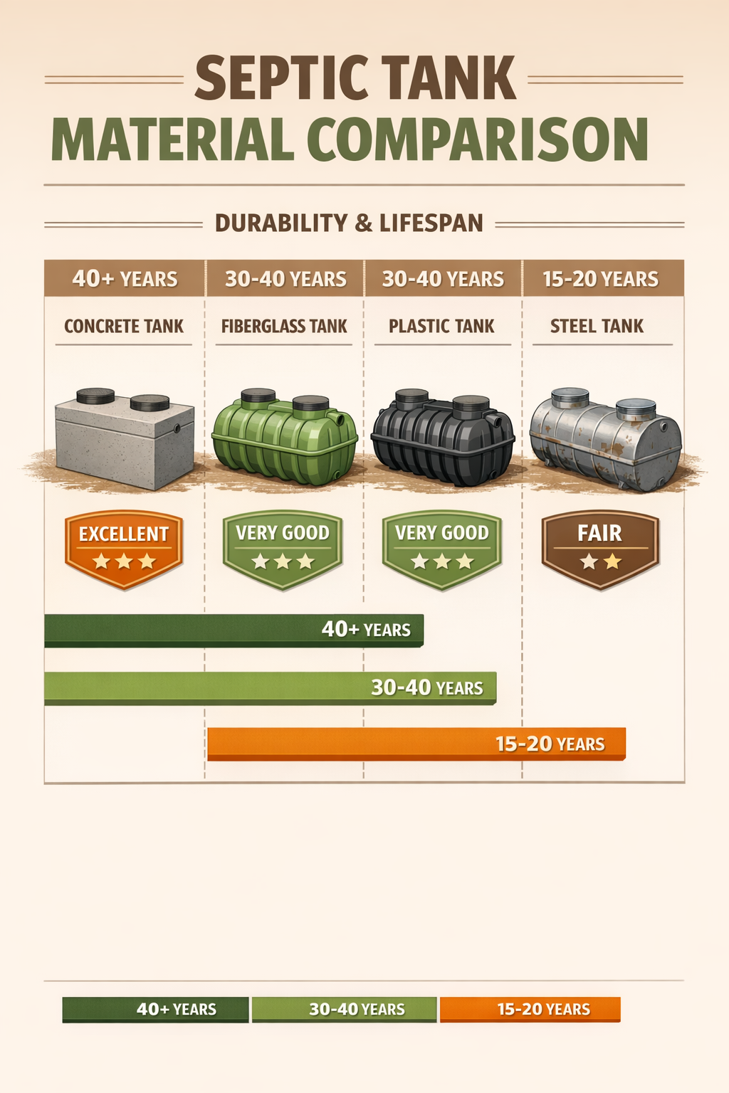 Portrait format (1024x1536) infographic showing septic tank material comparison chart with concrete tank (40+ years), fiberglass tank (30-40