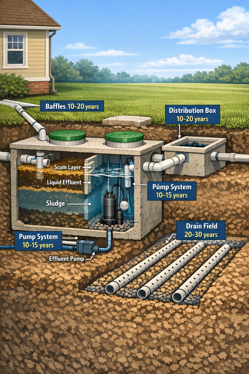 Portrait format (1024x1536) detailed cutaway illustration of septic system components showing tank, baffles, distribution box, drain field p