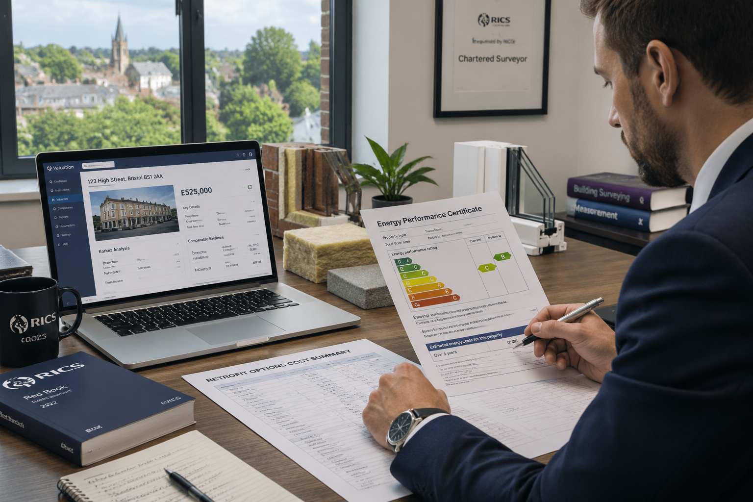 Wide-angle editorial photograph of a RICS-accredited surveyor reviewing EPC rating documents and retrofit cost spreadsheets
