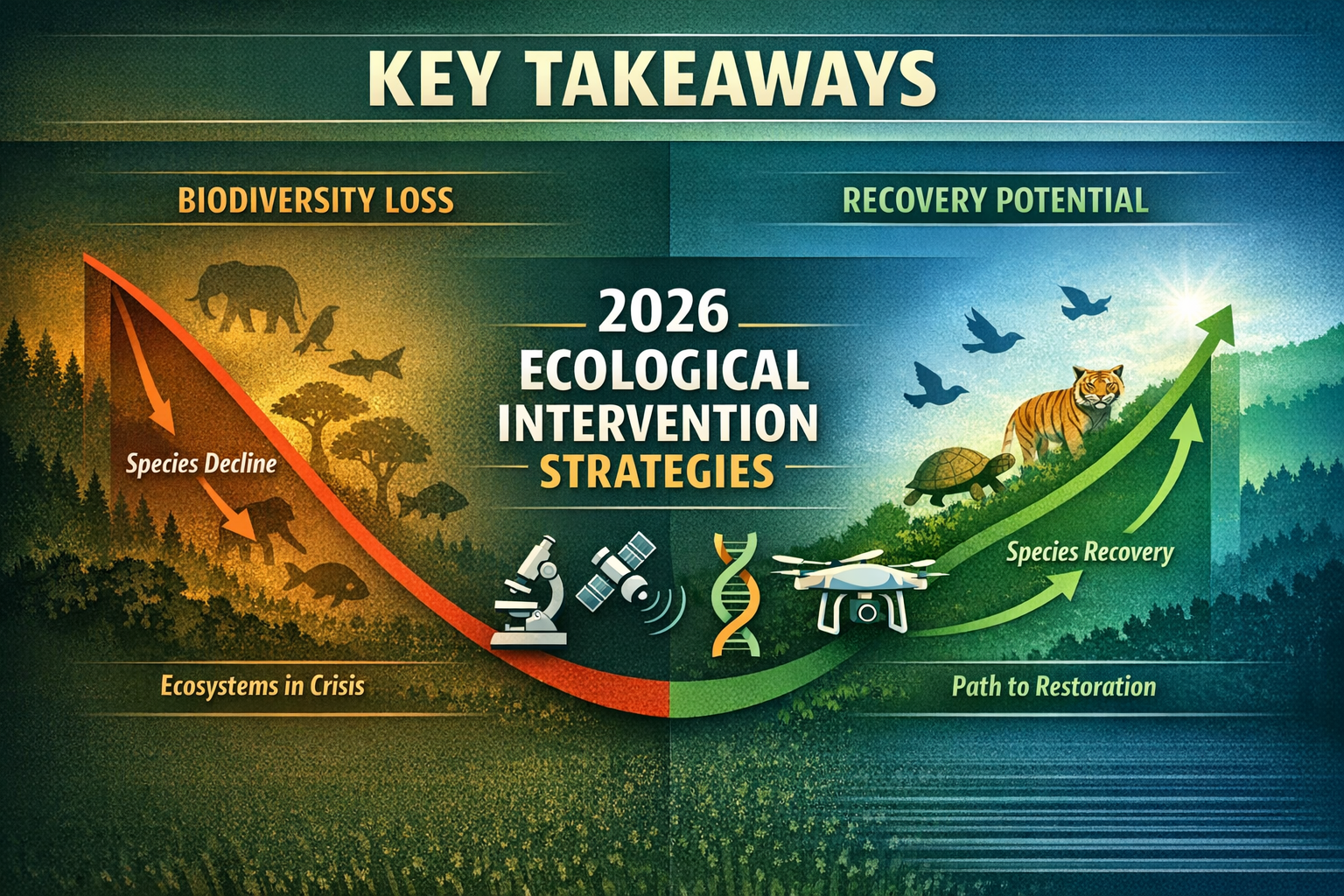 Key Takeaways section infographic visualizing biodiversity loss trajectory, featuring a dynamic split-screen design with left side showing d