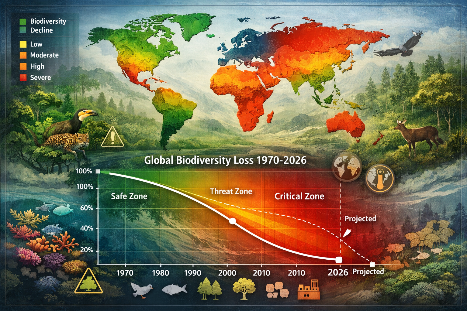 Section two visualization depicting global biodiversity loss curve with geospatial mapping, showing continental biodiversity decline rates u