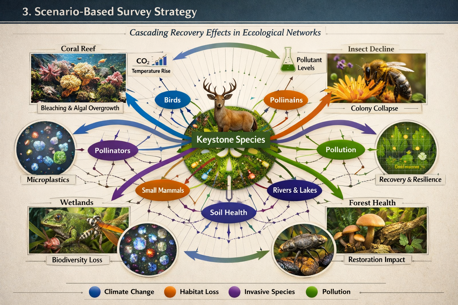 Section three scenario-based survey strategy visualization featuring an intricate ecological network diagram showing complex threat interact