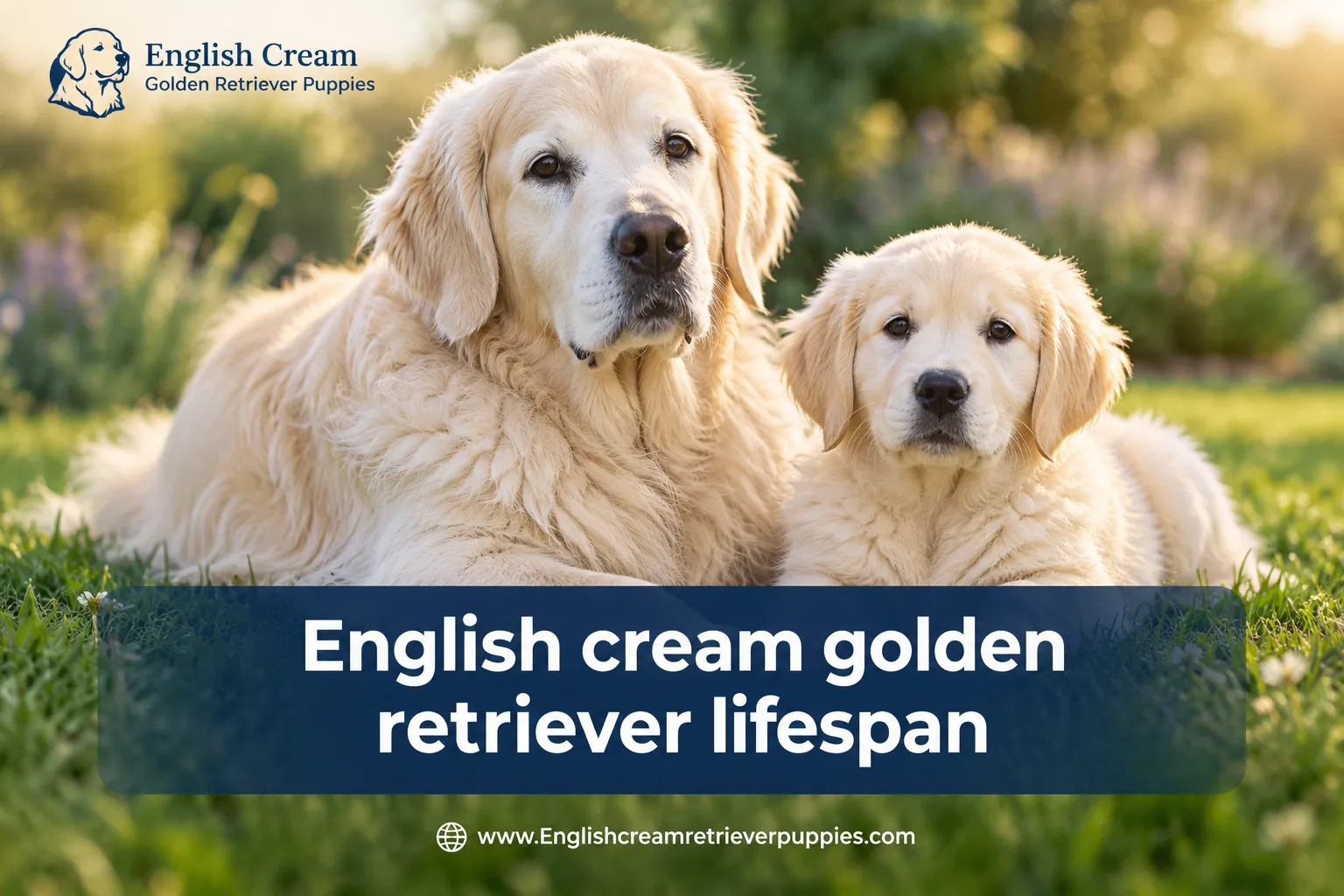 Professional () editorial hero image with SHORT reading exactly 'English cream golden retriever lifespan' in modern white ,