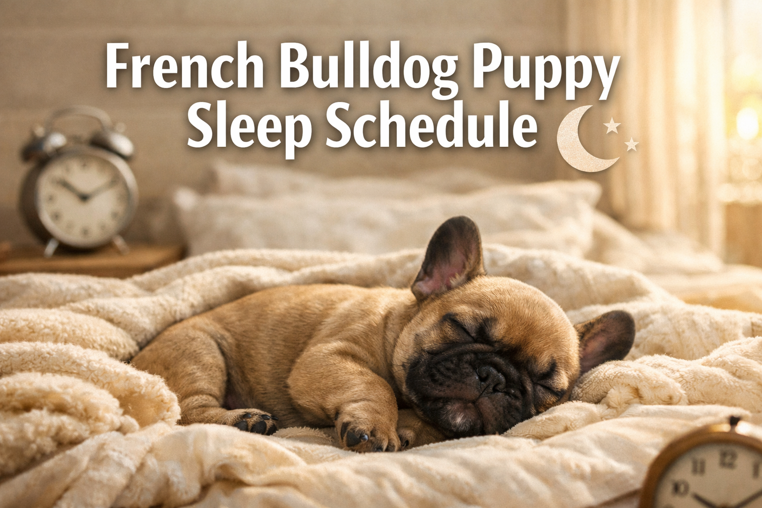 Professional landscape format (1536x1024) hero image featuring bold text overlay 'French Bulldog Puppy Sleep Schedule' in extra large 72pt w