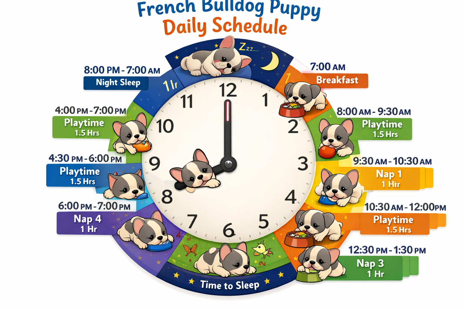 Portrait format (1024x1536) daily schedule visualization for French Bulldog puppy showing optimal sleep and wake times. Clock face backgroun