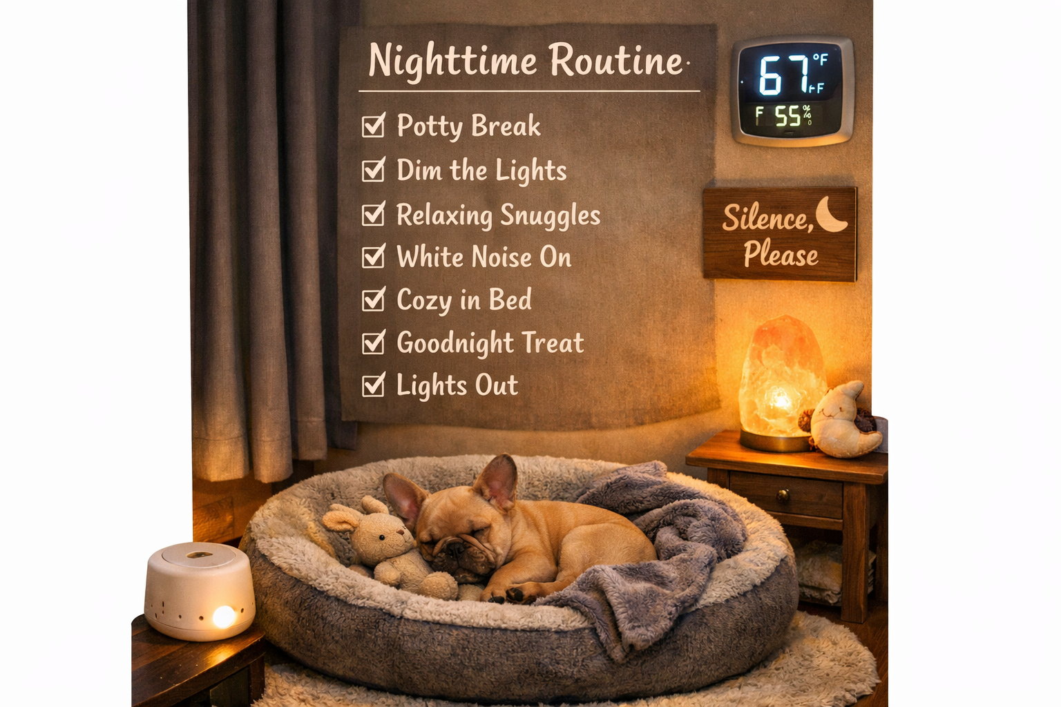 Portrait format (1024x1536) cozy bedroom setup ideal for French Bulldog puppy sleep training. Comfortable dog bed, blackout curtains, temper