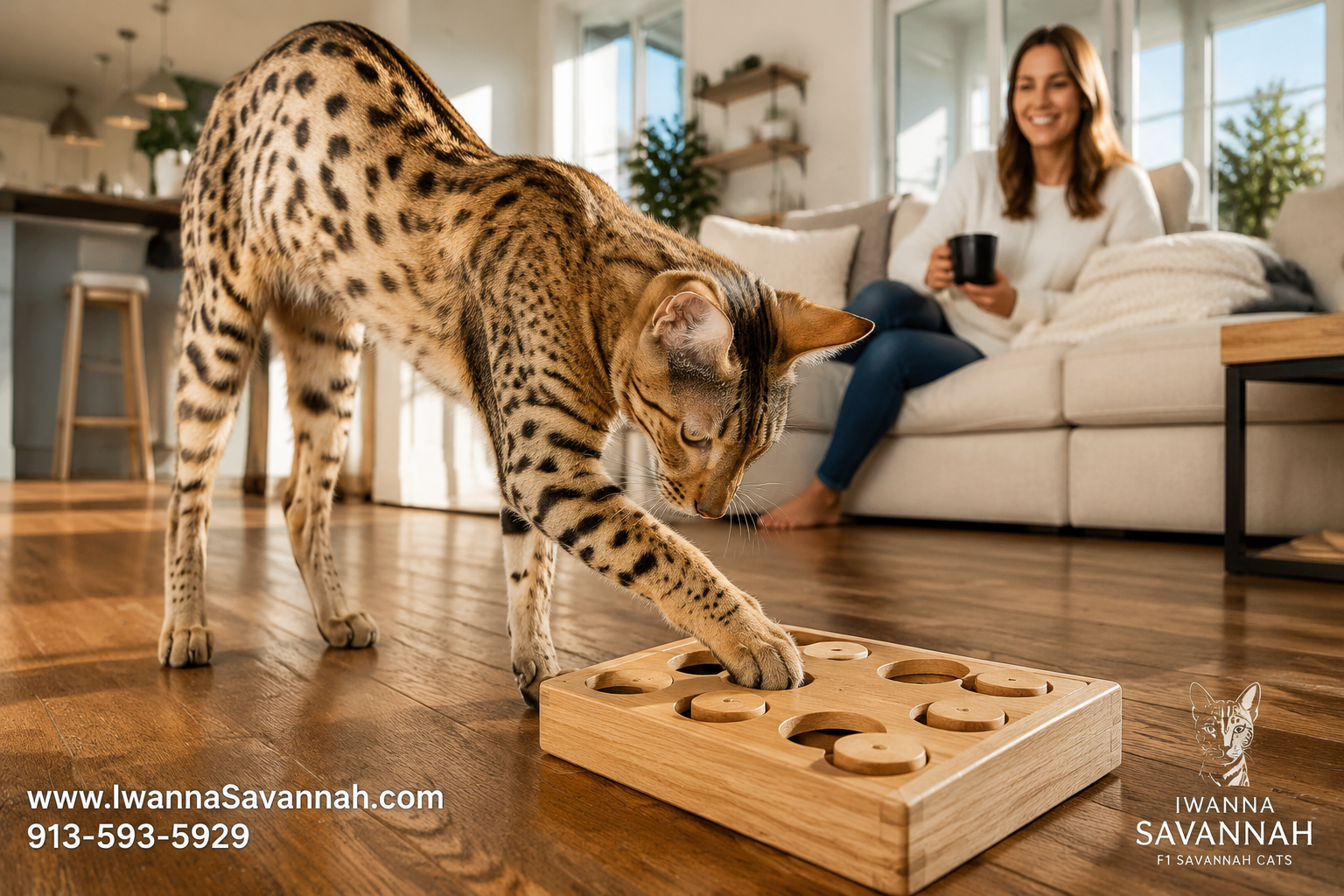 () lifestyle photo of a large adult Savannah cat playing with a puzzle toy on a modern hardwood floor inside a bright,