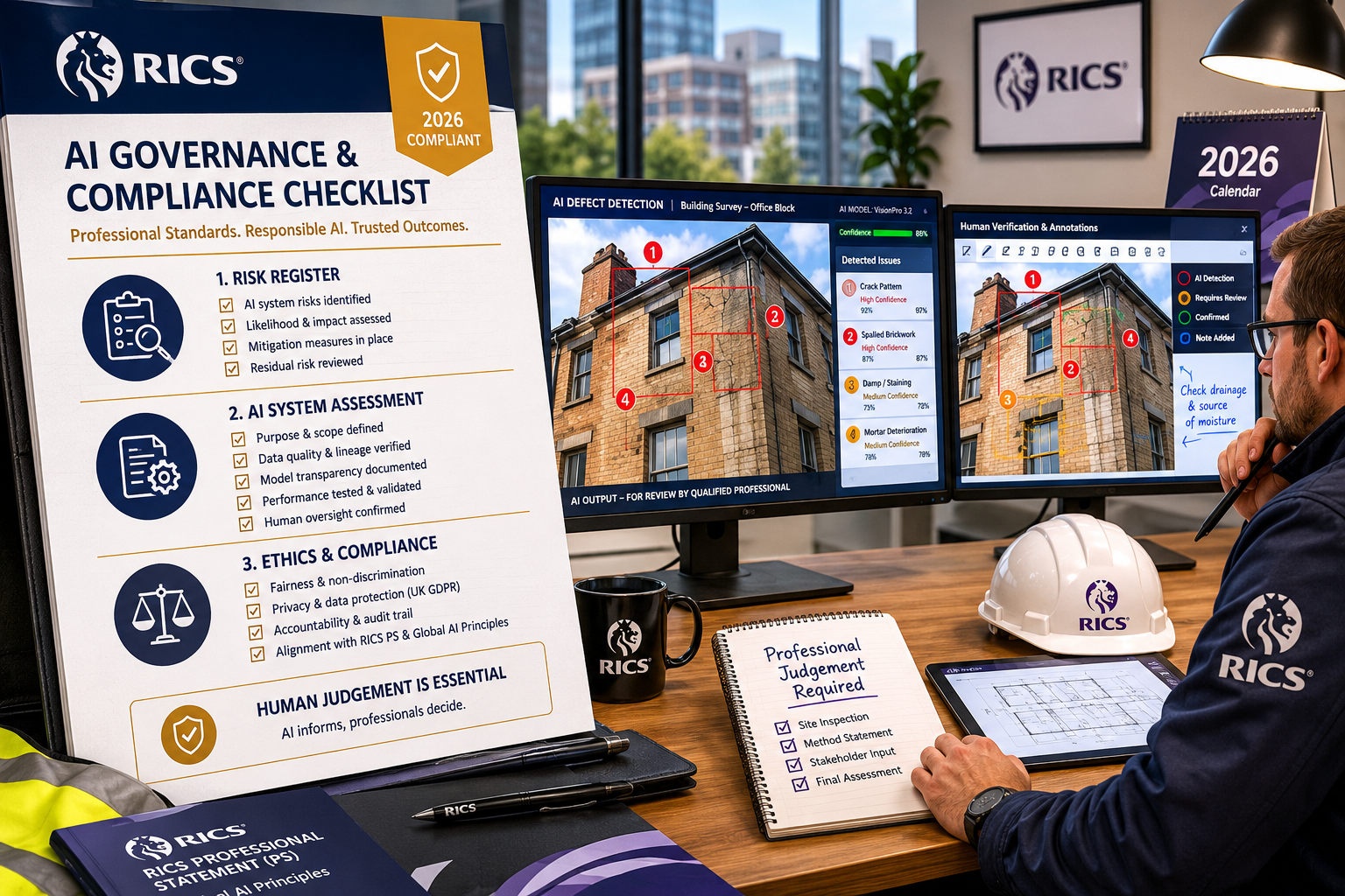 Wide-angle editorial illustration showing a split-screen composition: left side depicts a RICS-branded compliance checklist