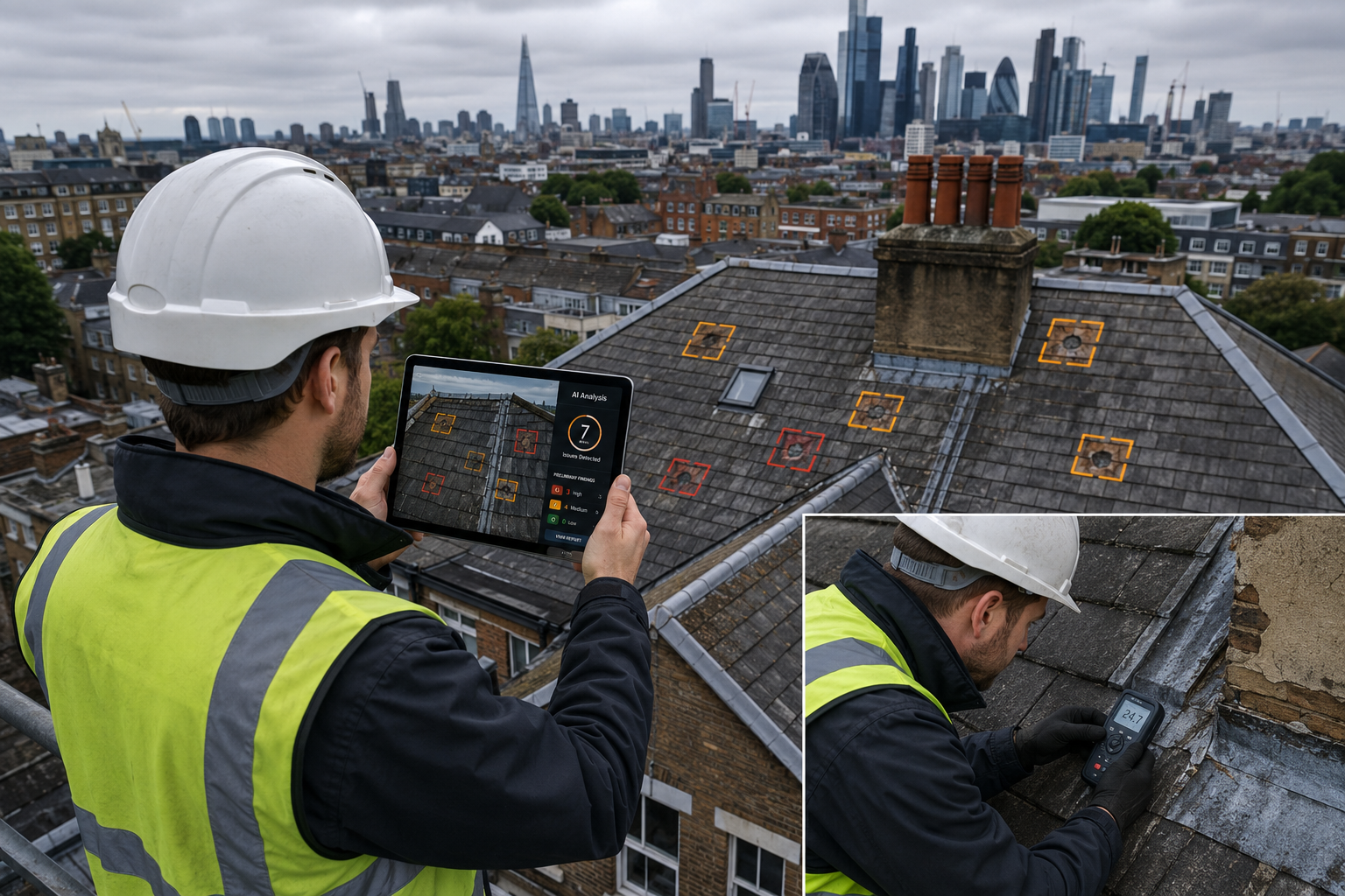 Dramatic bird's-eye drone perspective of a surveyor on a rooftop using an AI-enhanced camera app to scan roof tiles, with