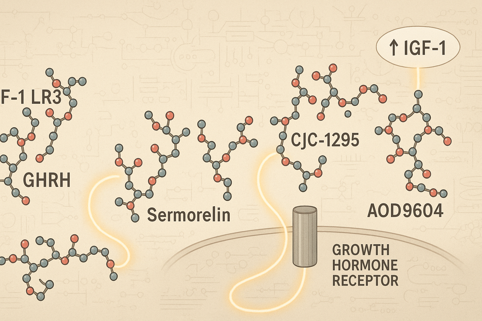Scientific illustration depicting the intricate molecular structures of various peptides like IGF-1 LR3, GHRH, Sermorelin, Ipamorelin, CJC-1