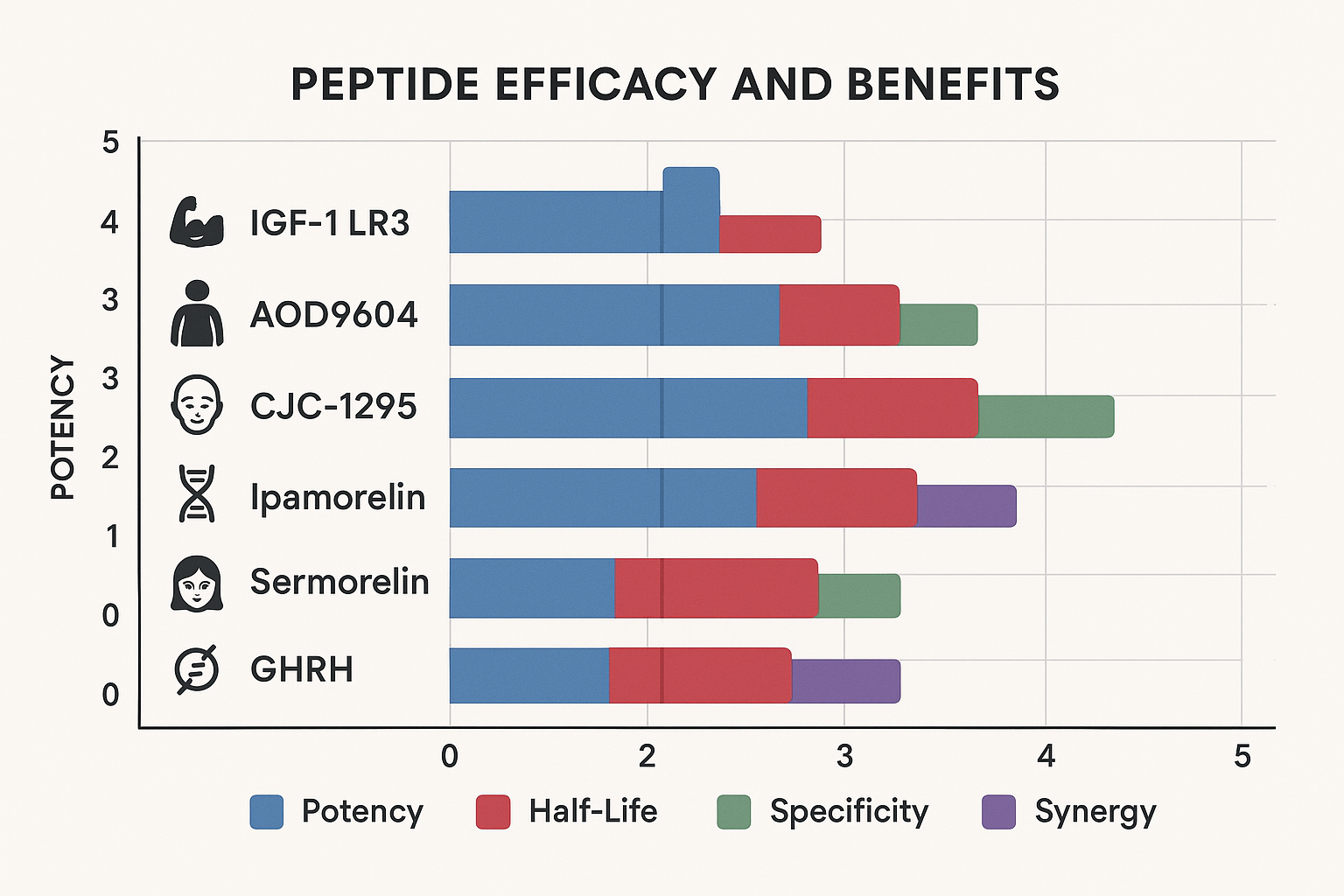 A comparative bar chart or radar chart illustrating the efficacy and specific benefits of various peptides, including IGF-1 LR3, AOD9604, CJ