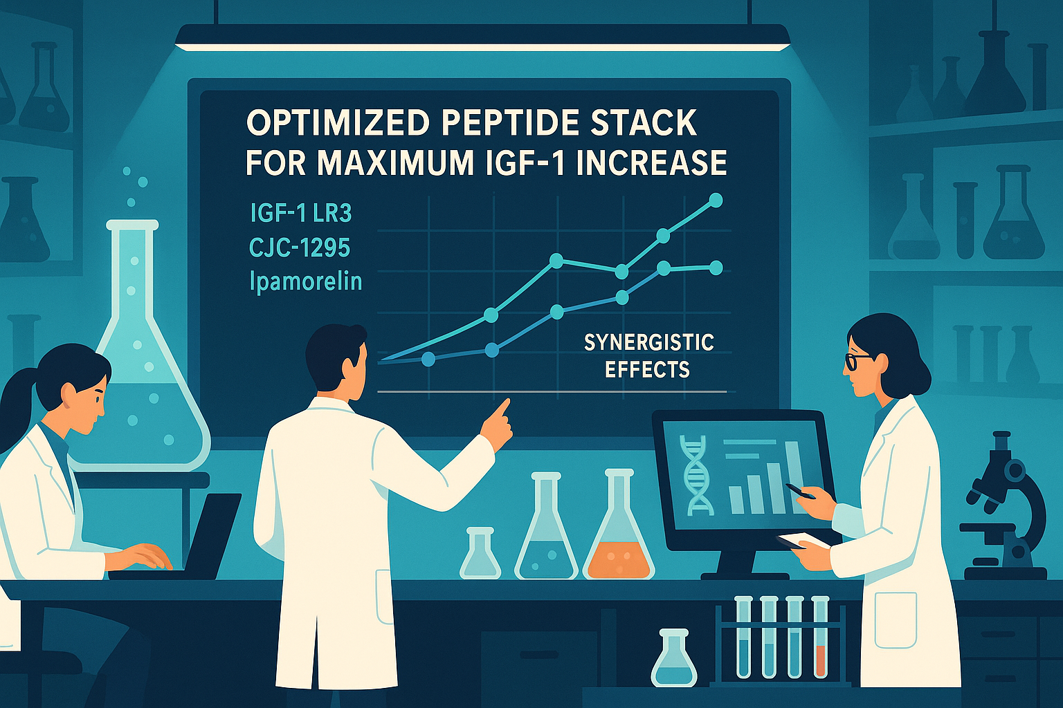 A stylized laboratory setting with researchers examining data on screens, surrounded by beakers and scientific equipment, symbolizing the ri