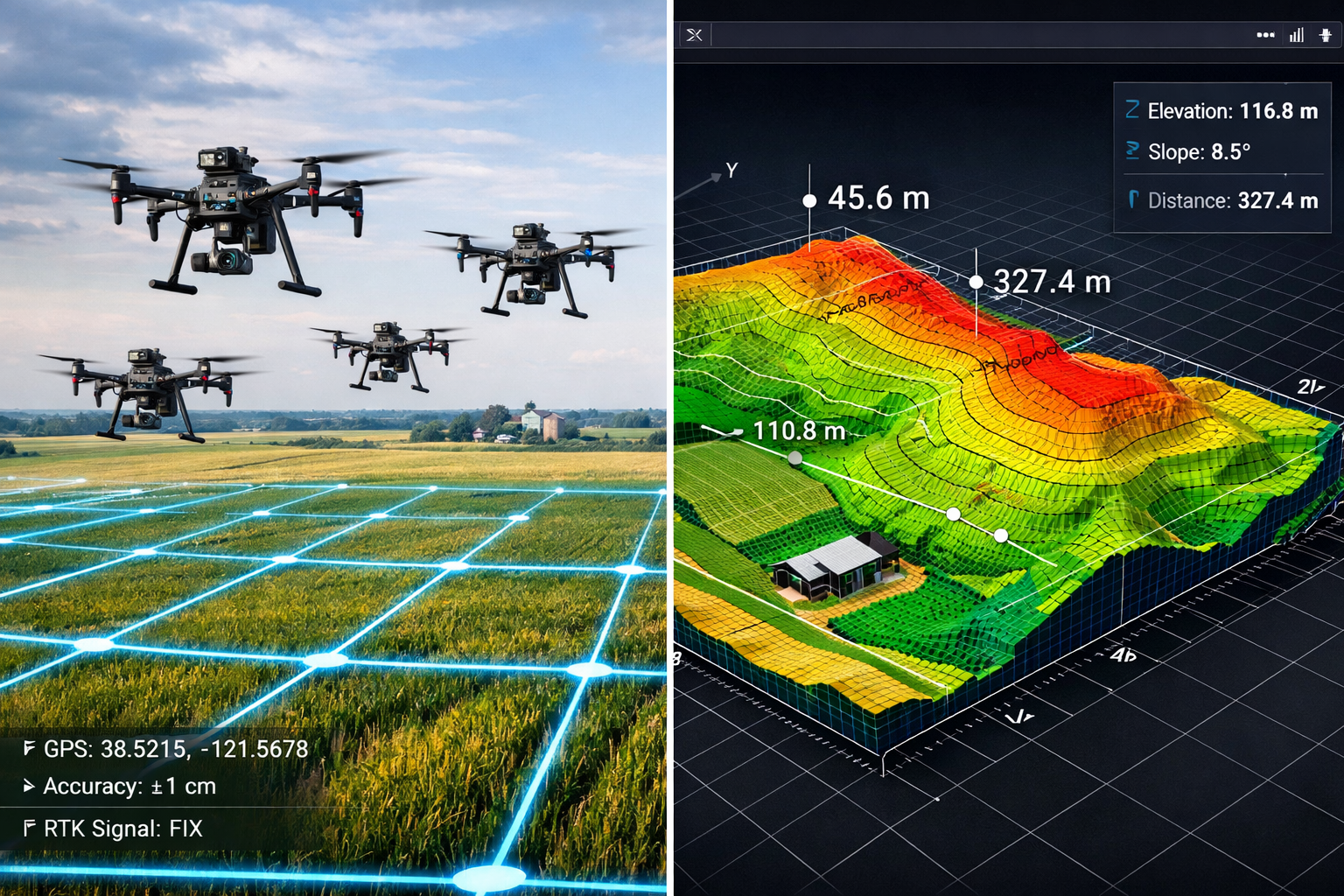 Landscape format (1536x1024) editorial image showing autonomous drone swarm of 4-5 quadcopter UAVs flying in coordinated formation over larg