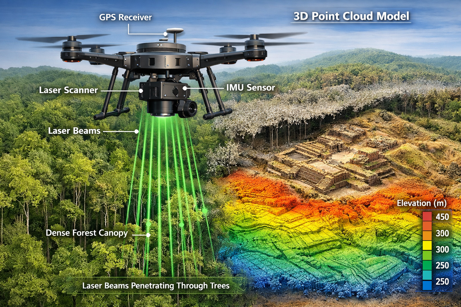 Landscape format (1536x1024) detailed infographic-style image showing LiDAR drone technology cross-section with labeled components: laser sc