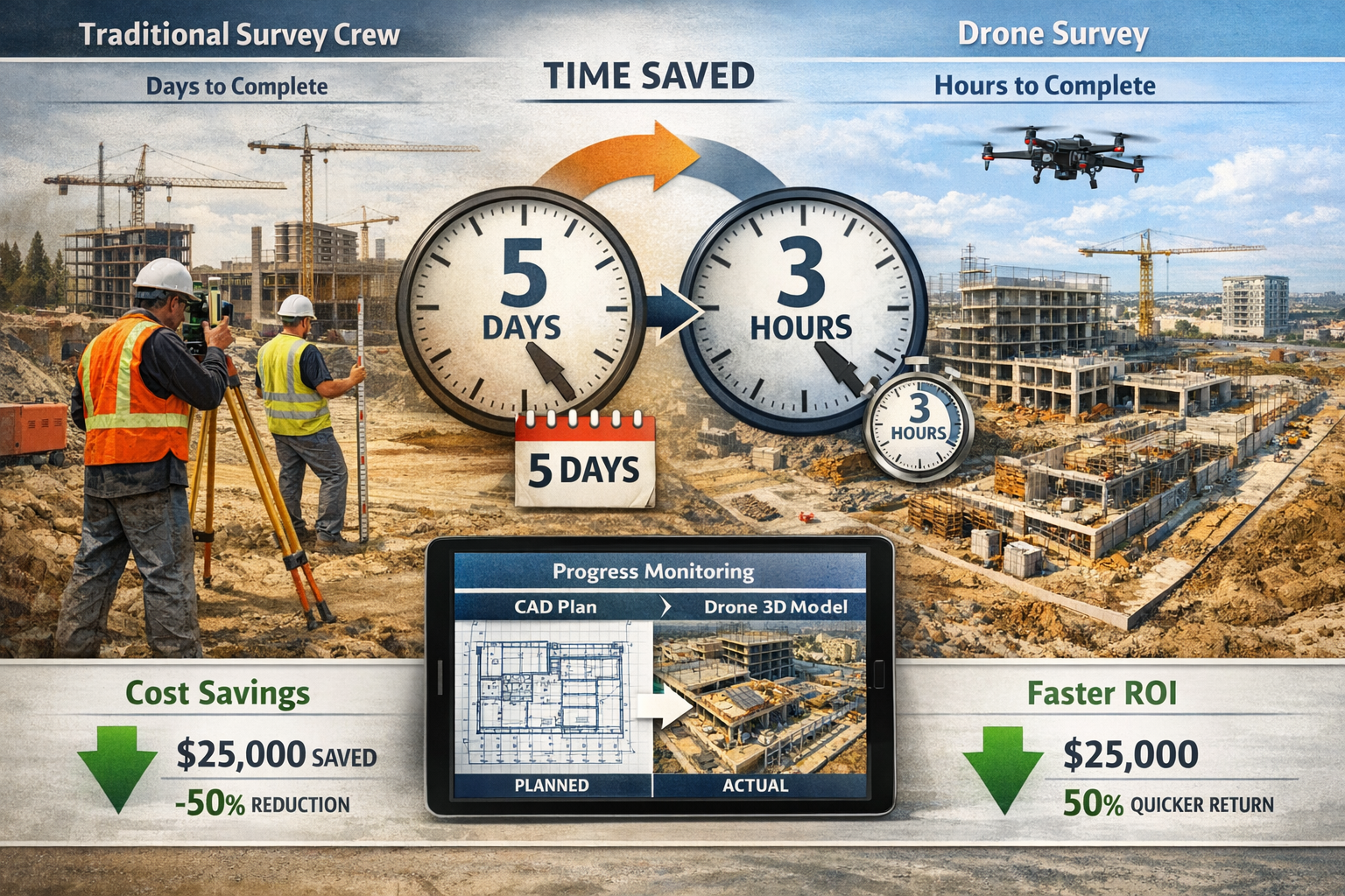 Landscape format (1536x1024) construction site monitoring comparison image showing traditional surveying crew with theodolite and measuring