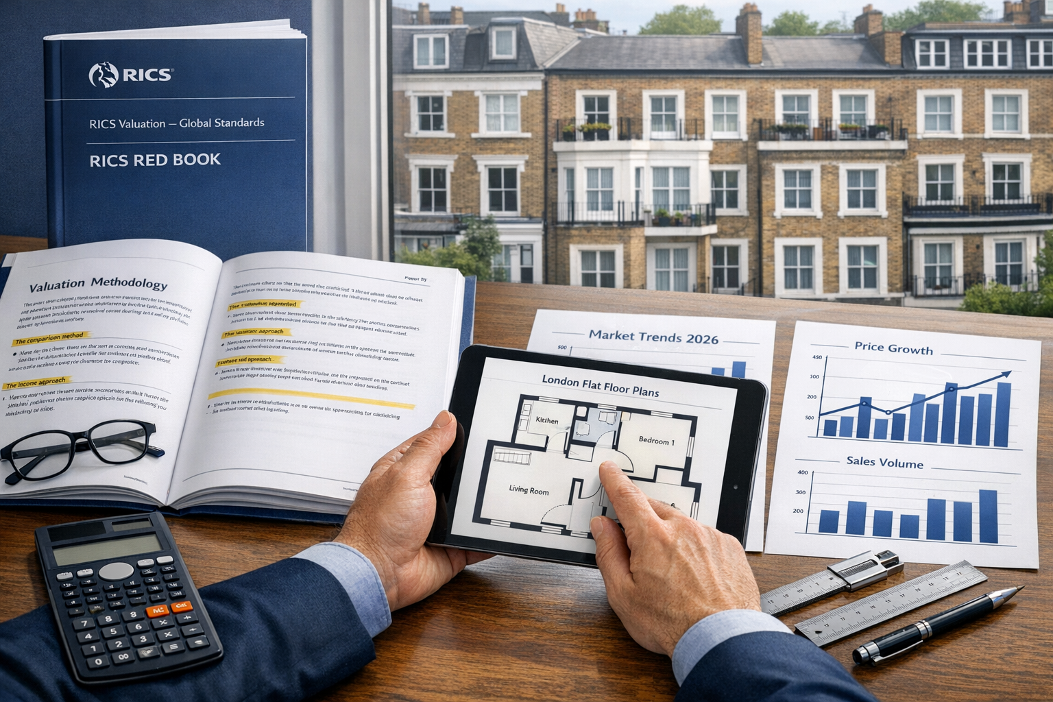 Detailed () image showing RICS Red Book standards documentation open on desk with highlighted sections on valuation