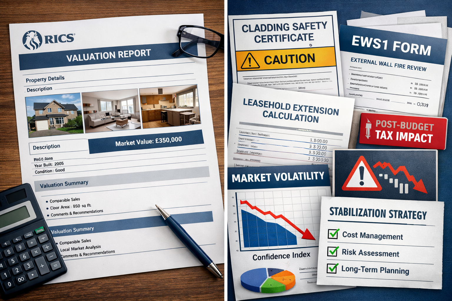 Detailed () image showing split-screen composition: left side displays traditional RICS valuation report with property