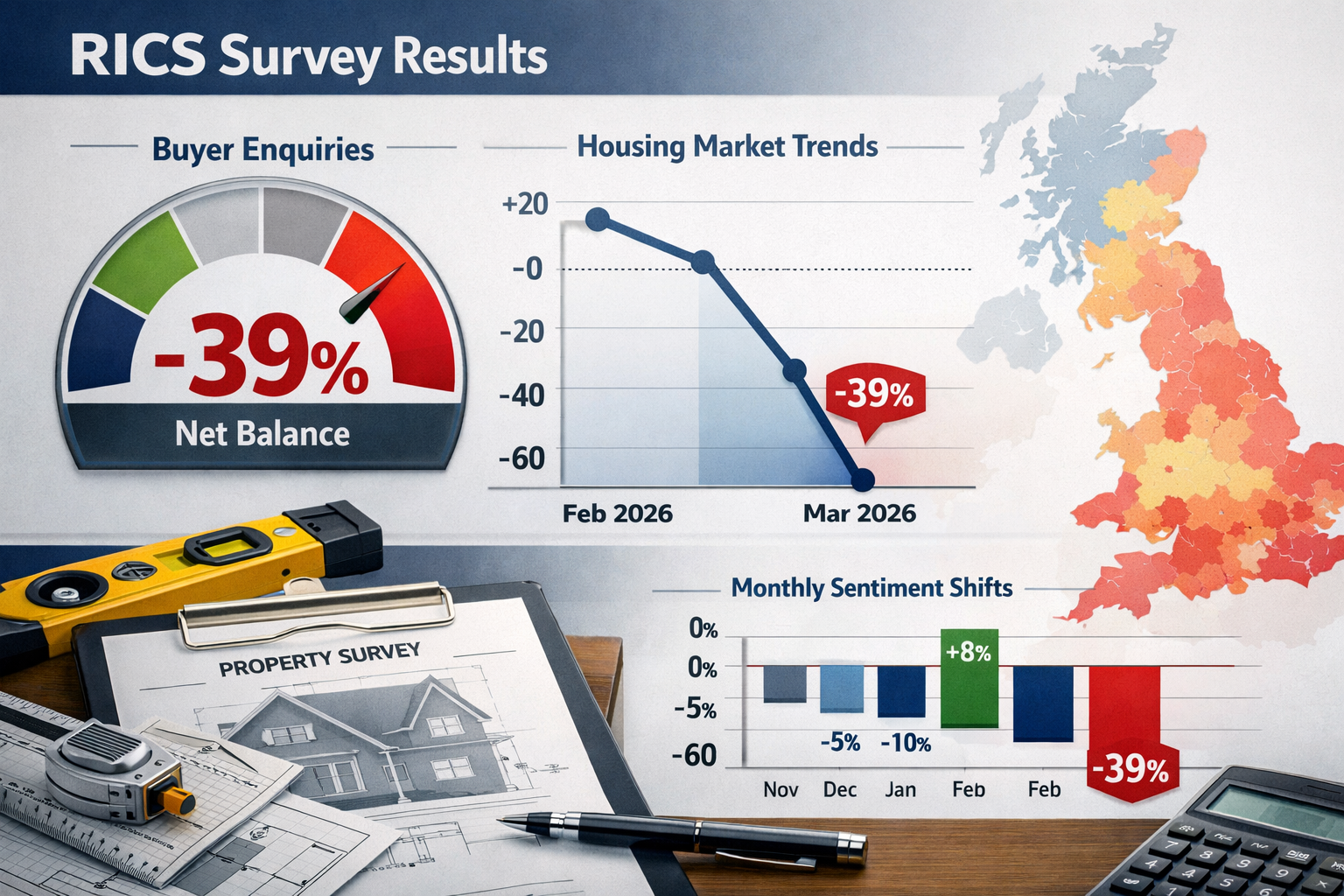 Detailed () image showing RICS survey results dashboard with multiple data visualization elements: large prominent gauge