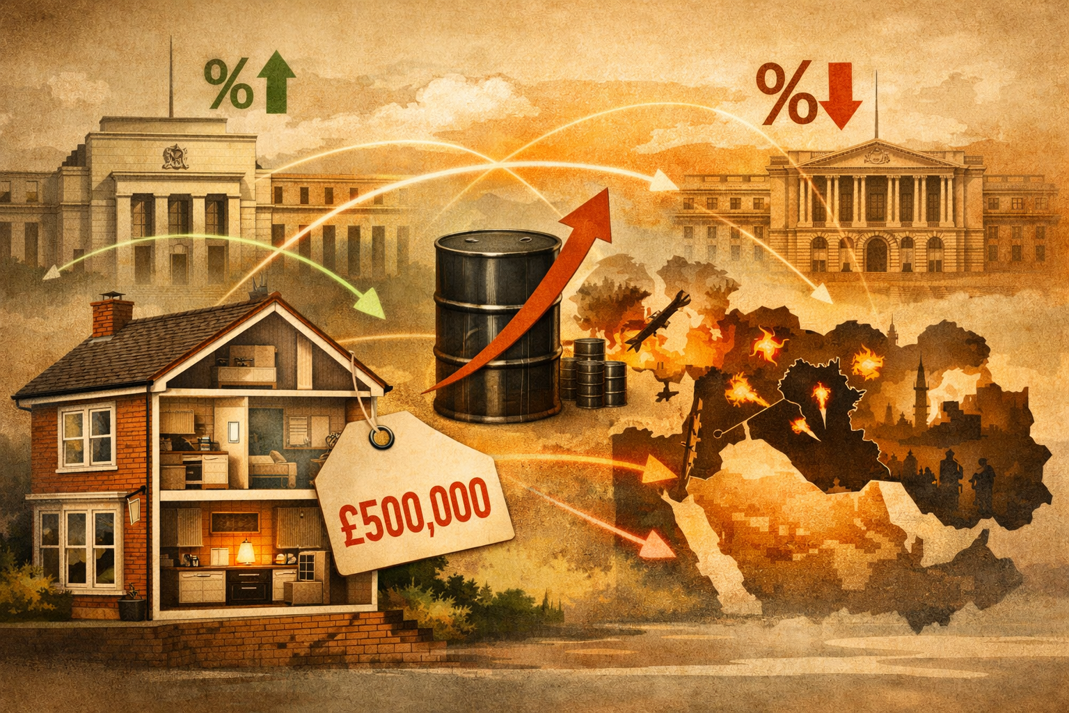 Professional () conceptual illustration depicting geopolitical impact on property markets: foreground shows detailed