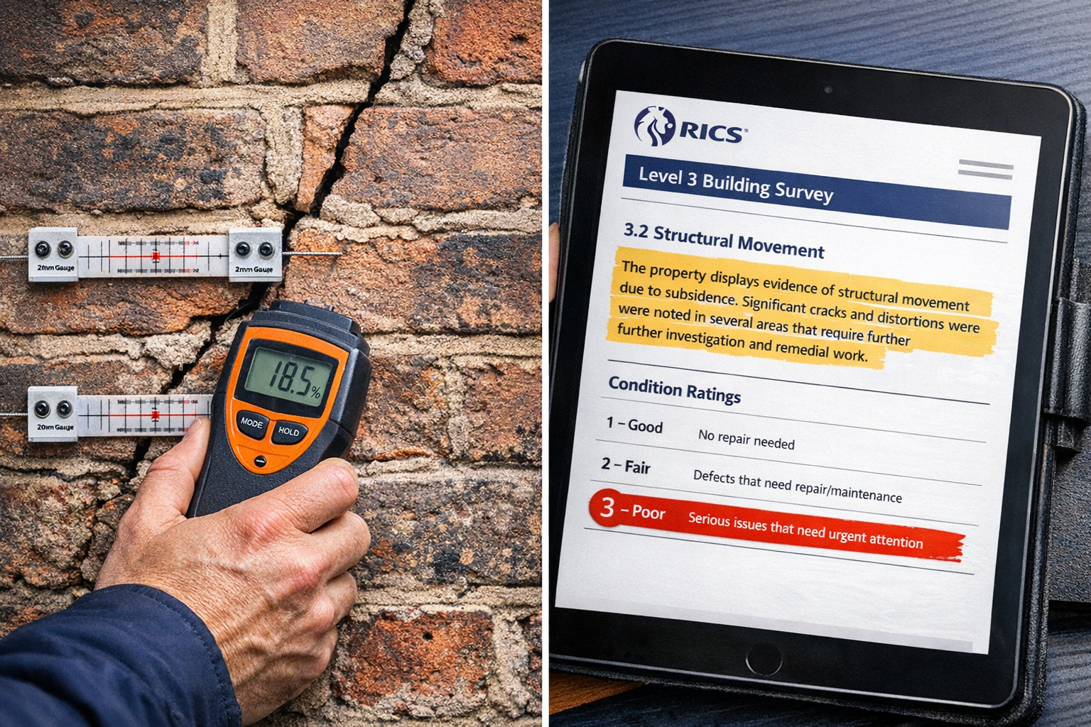 Detailed () editorial image showing close-up split-screen composition: left side displays detailed structural crack