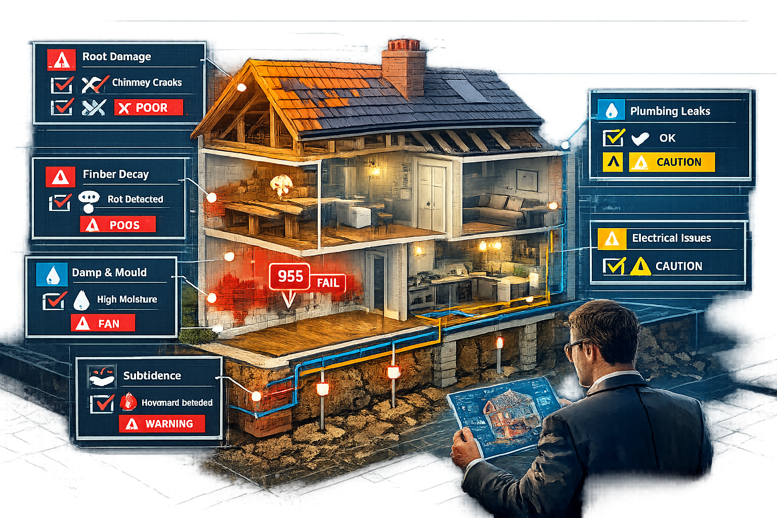 Detailed () professional illustration showing cutaway isometric view of multi-story buy-to-let property with transparent