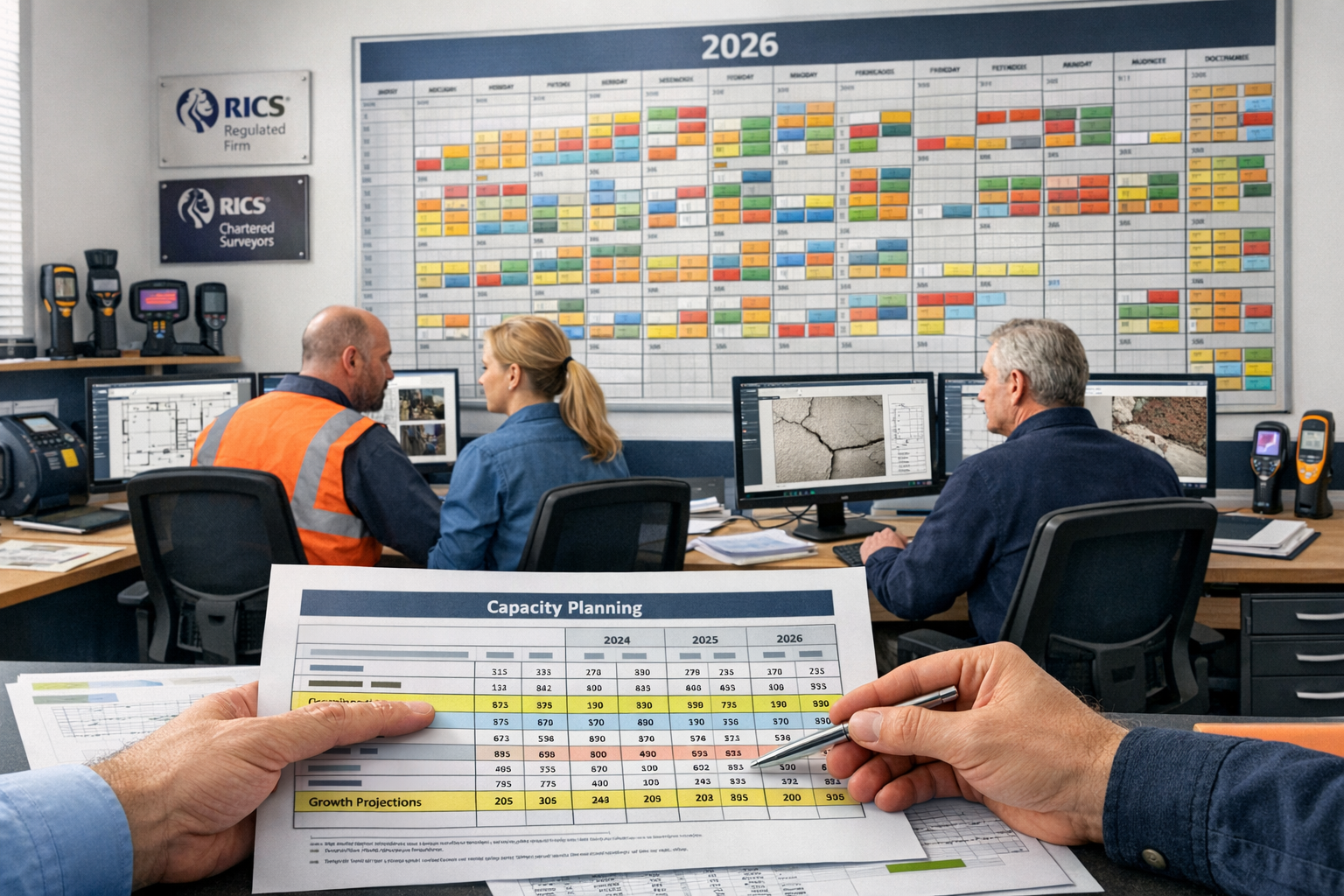 () detailed scene inside professional surveyor's office showing team planning operational capacity, large wall-mounted