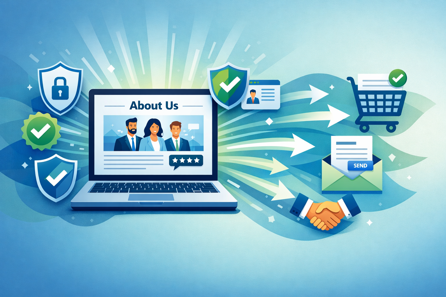 () conceptual illustration of trust-building elements flowing from About Us page to customer conversion. Central laptop