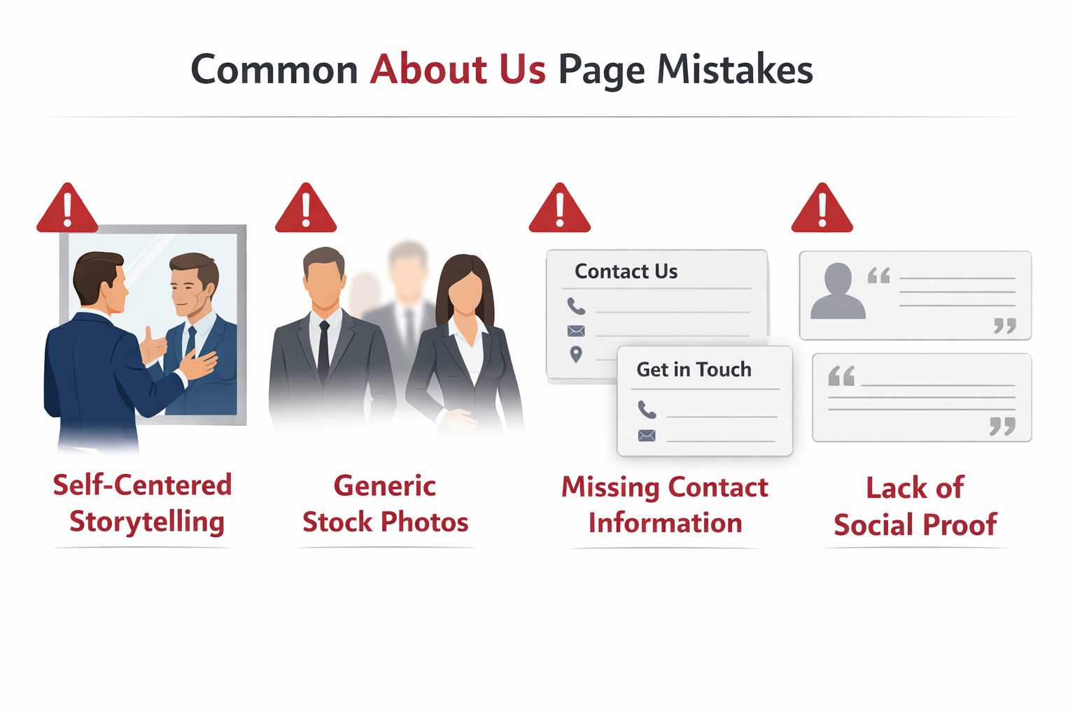 () infographic-style image showing common About Us page mistakes as warning signs. Split into sections displaying: