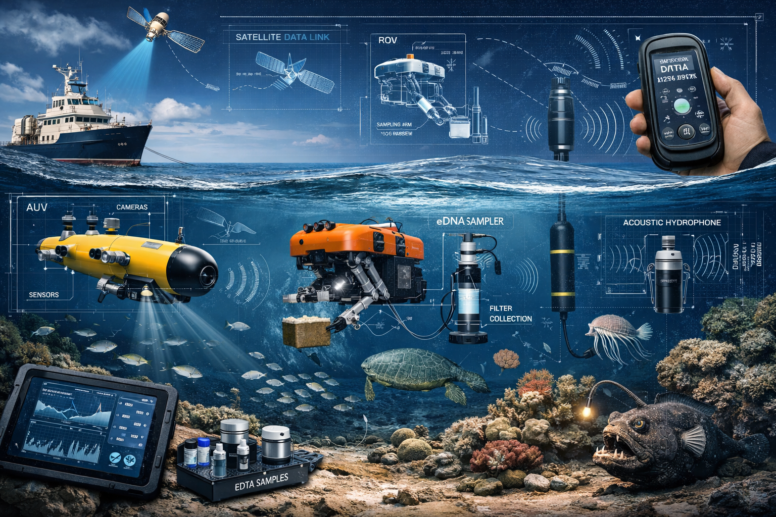 Landscape format (1536x1024) comprehensive visual showing marine biodiversity survey equipment and methodologies in action, featuring autono
