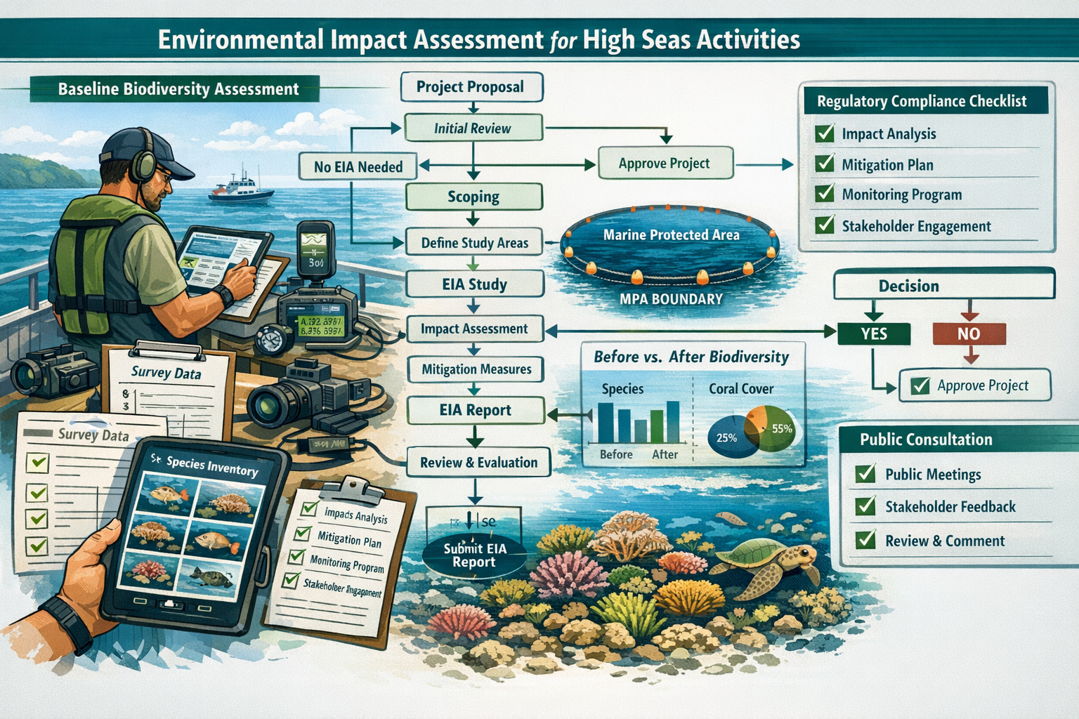 Landscape format (1536x1024) detailed infographic showing environmental impact assessment (EIA) workflow for high seas activities, flowchart