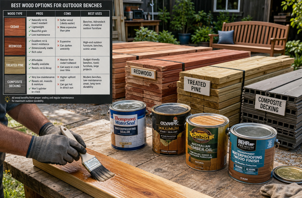 A detailed, wide-angle landscape photograph () showcasing various weather-resistant lumber options for DIY outdoor