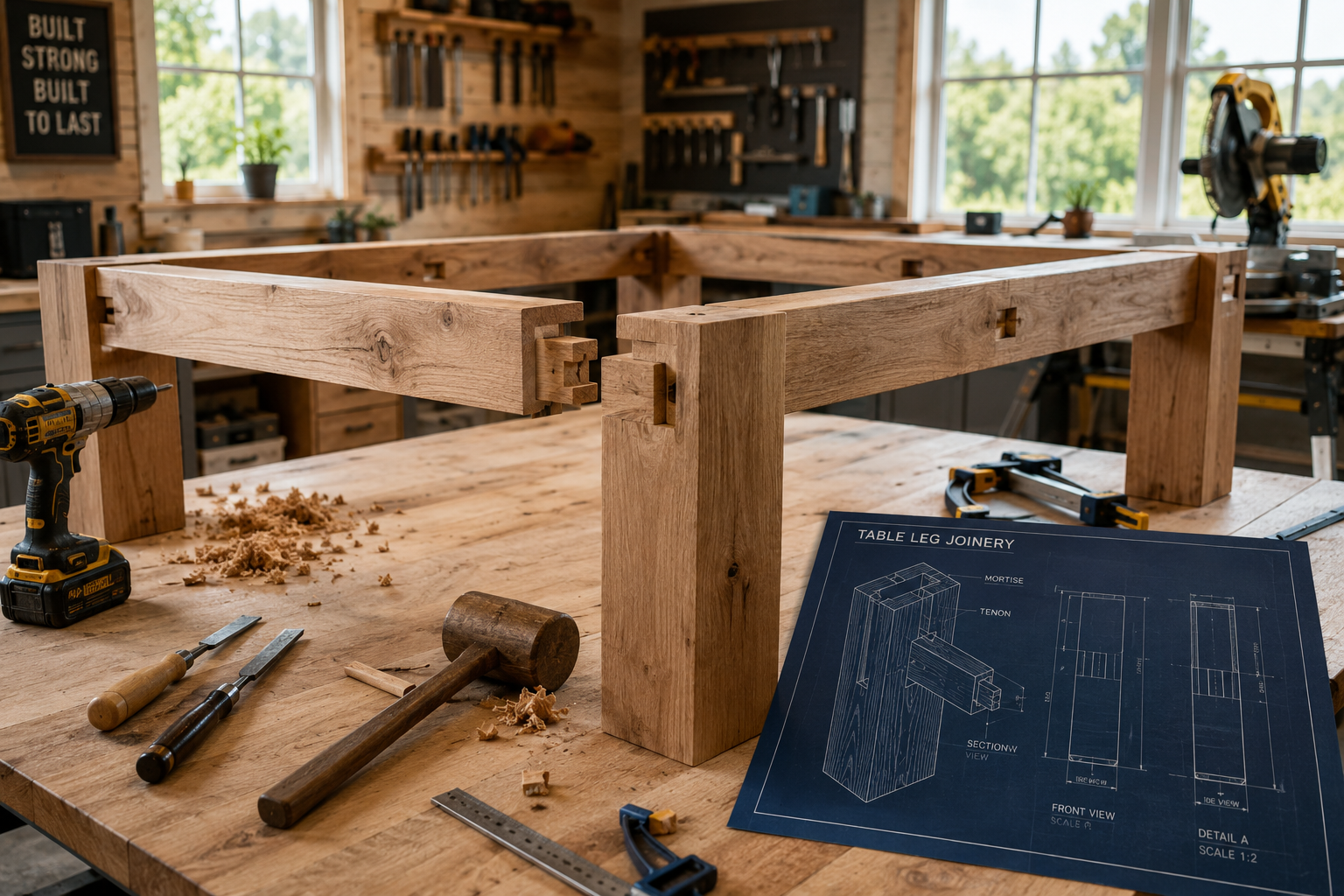 A visually engaging landscape photograph () of a partially constructed outdoor dining table frame, showing robust joinery