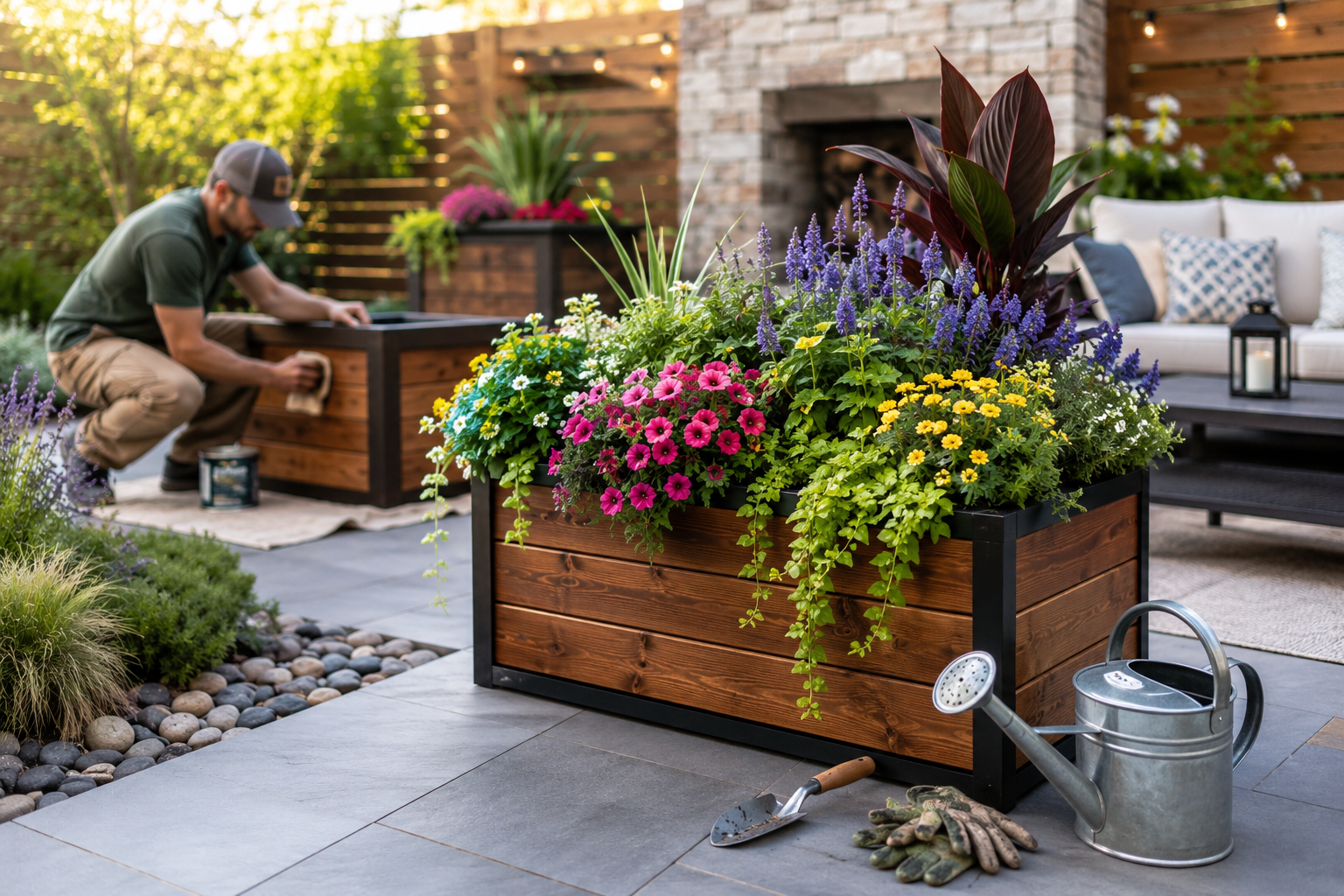 An inspiring landscape photograph () depicting a finished, stylish wooden planter box brimming with colorful flowers and