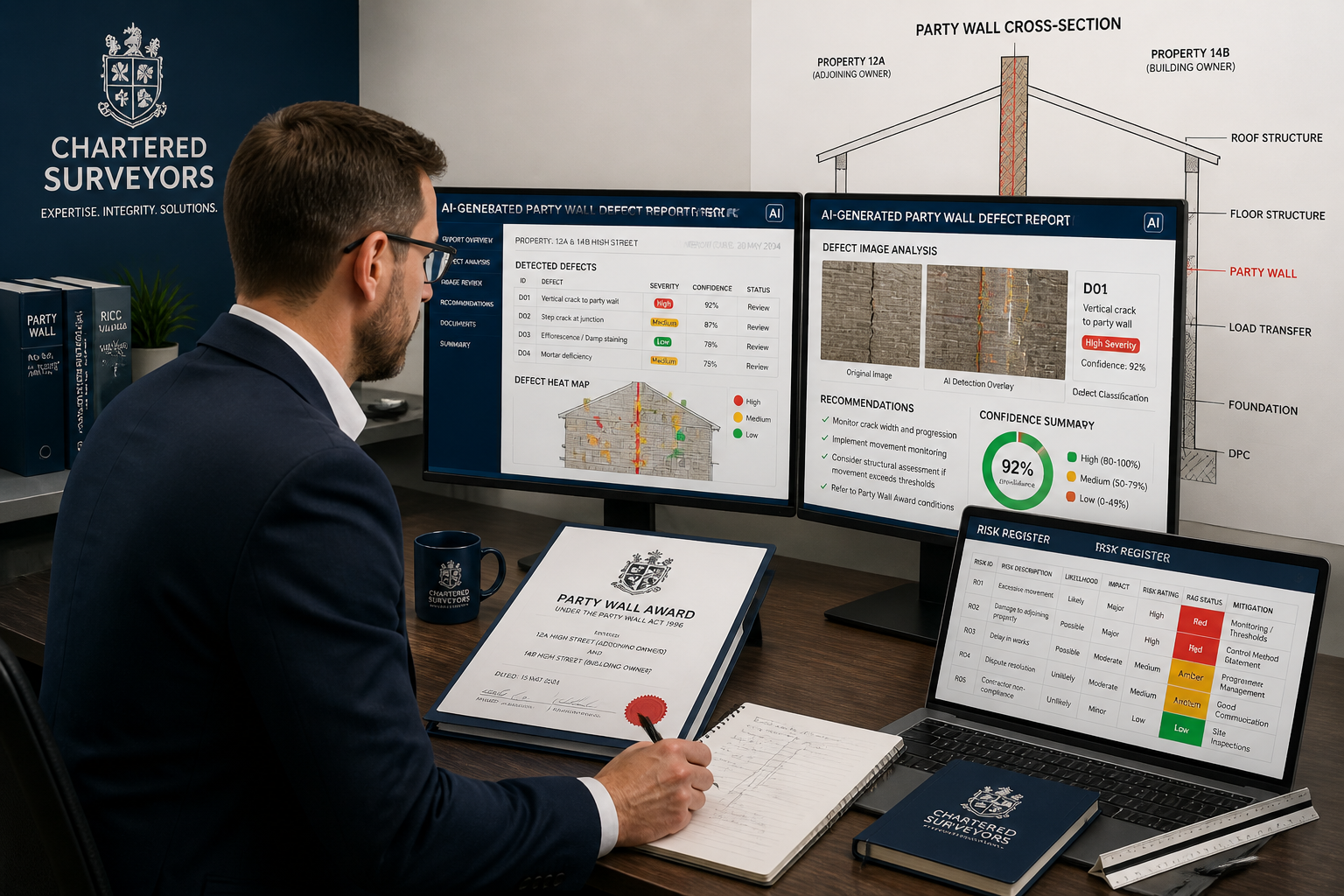 () editorial illustration showing a chartered surveyor at a desk reviewing AI-generated party wall defect reports on dual