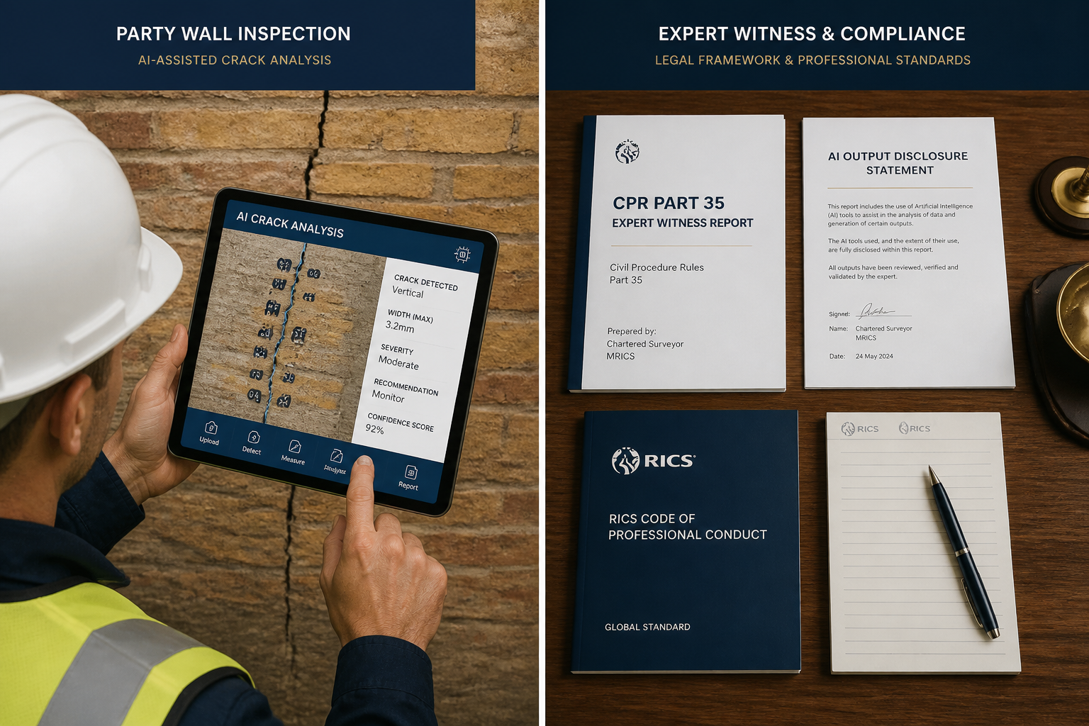 () split-panel image: left panel shows a surveyor conducting a party wall inspection with a tablet displaying AI-assisted