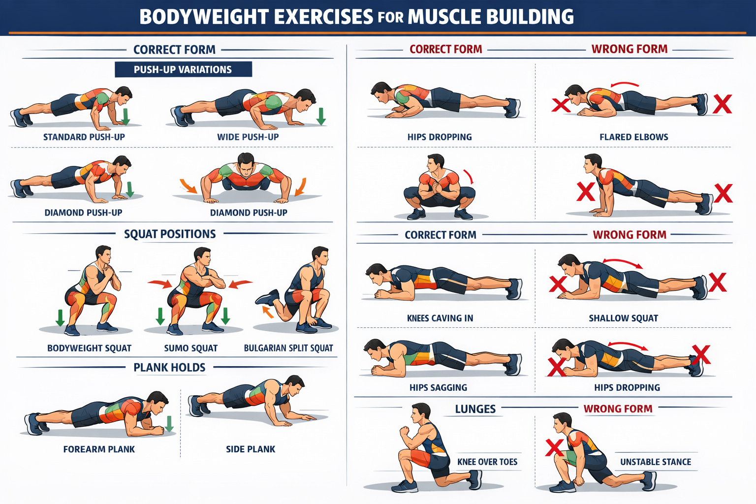 Detailed infographic showing essential bodyweight exercises for muscle building at home including push-up variations, squat positions, plank