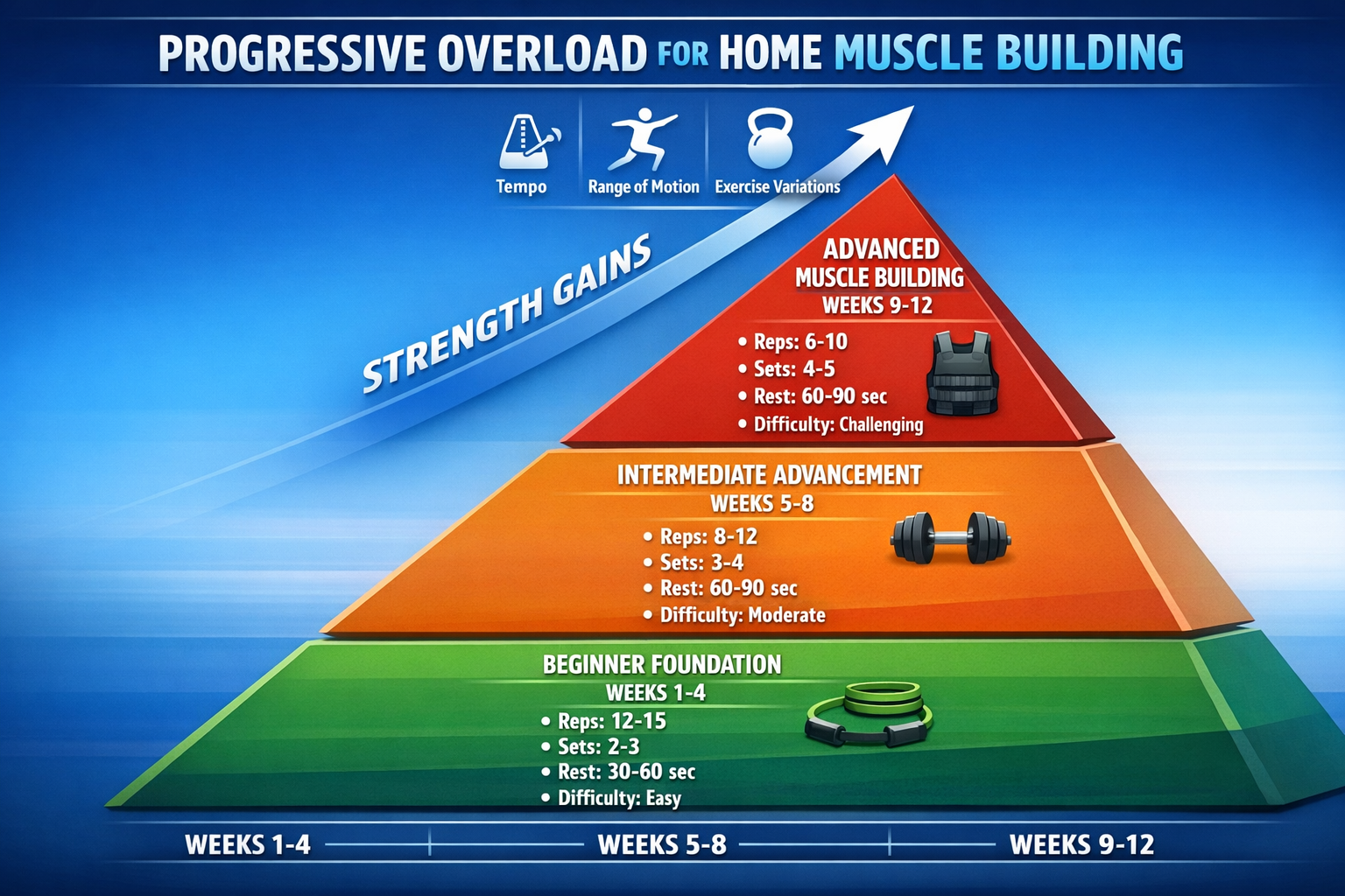 Progressive overload pyramid diagram showing workout intensity progression over 12 weeks for home muscle building. Visual timeline with thre