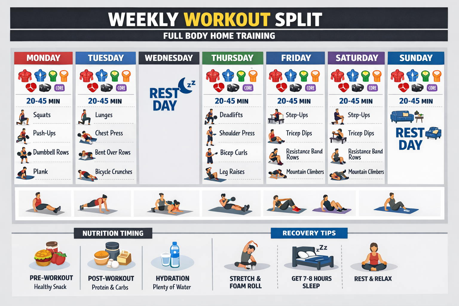 Weekly workout split calendar infographic displaying full-body home training schedule across seven days. Each day box shows targeted muscle 
