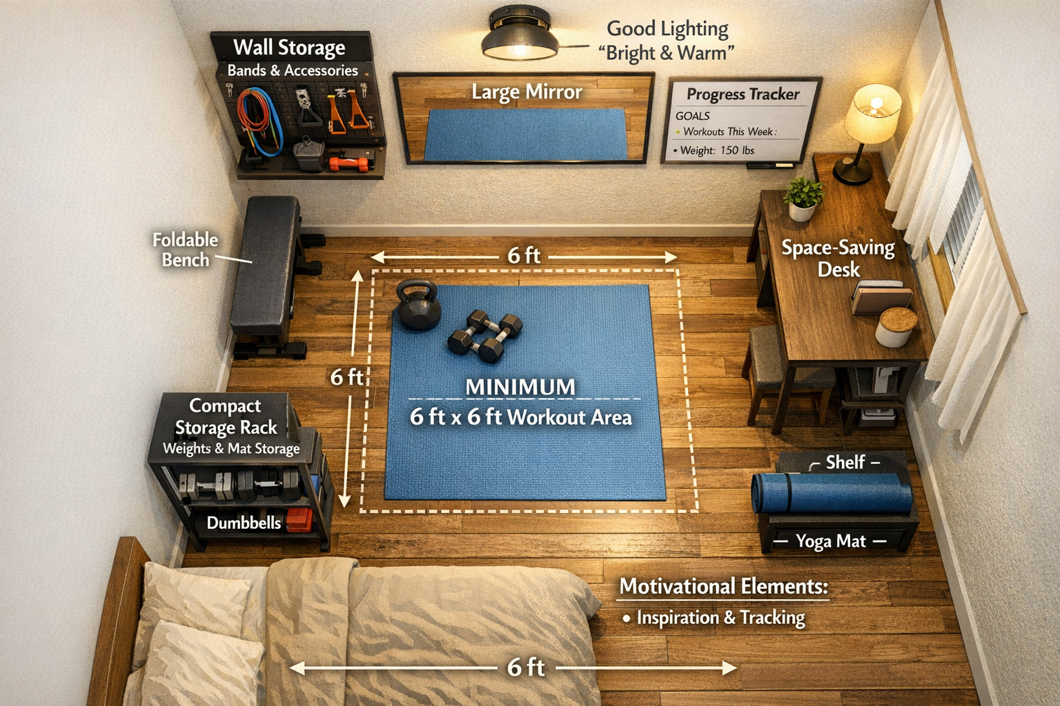 Home workout environment setup guide showing optimized small-space fitness area in apartment or bedroom setting. Bird's eye view layout diag