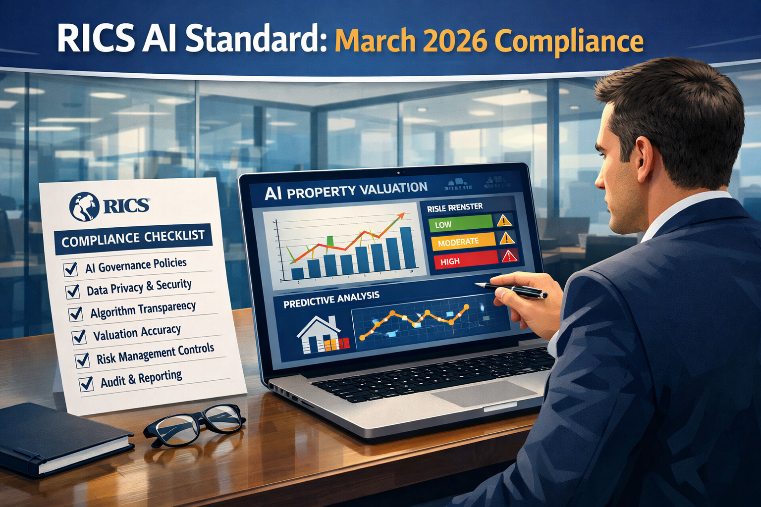 Wide () editorial illustration showing a formal RICS compliance checklist document on a sleek desk beside a laptop