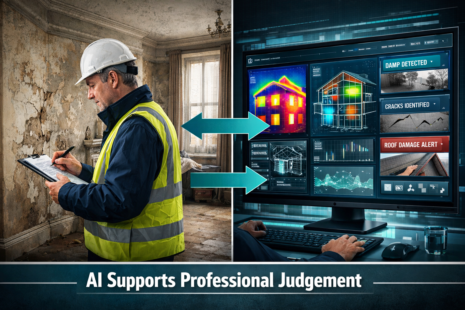 () concept illustration depicting a split-screen comparison: left panel shows a human surveyor conducting a Level 3 building