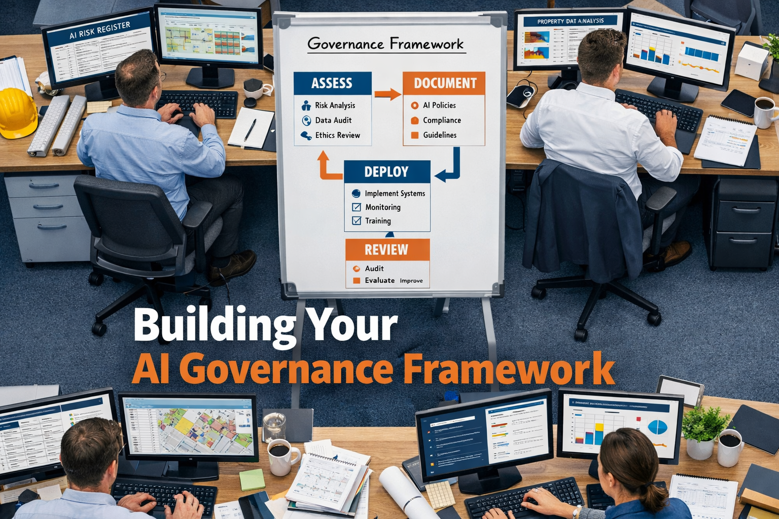 () top-down aerial perspective of a modern UK chartered surveying firm's open-plan office. Multiple surveyors at