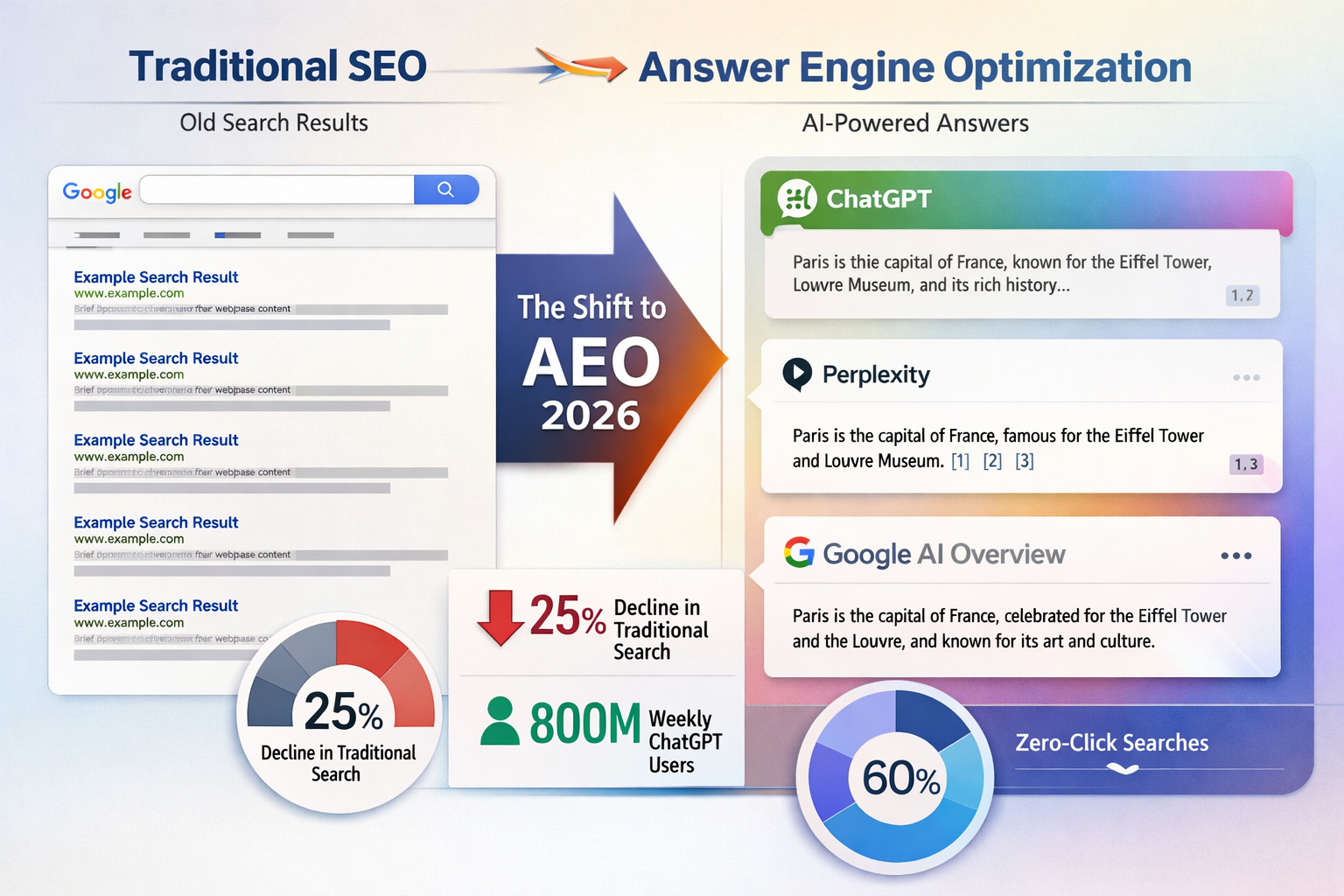 Detailed landscape format (1536x1024) infographic showing the evolution from traditional SEO to Answer Engine Optimization with side-by-side